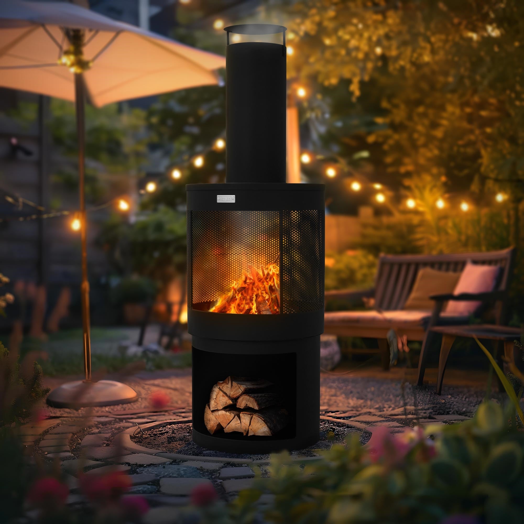 Kamin im Garten mit Feuer, umgeben von Pflanzen und Lichtern.