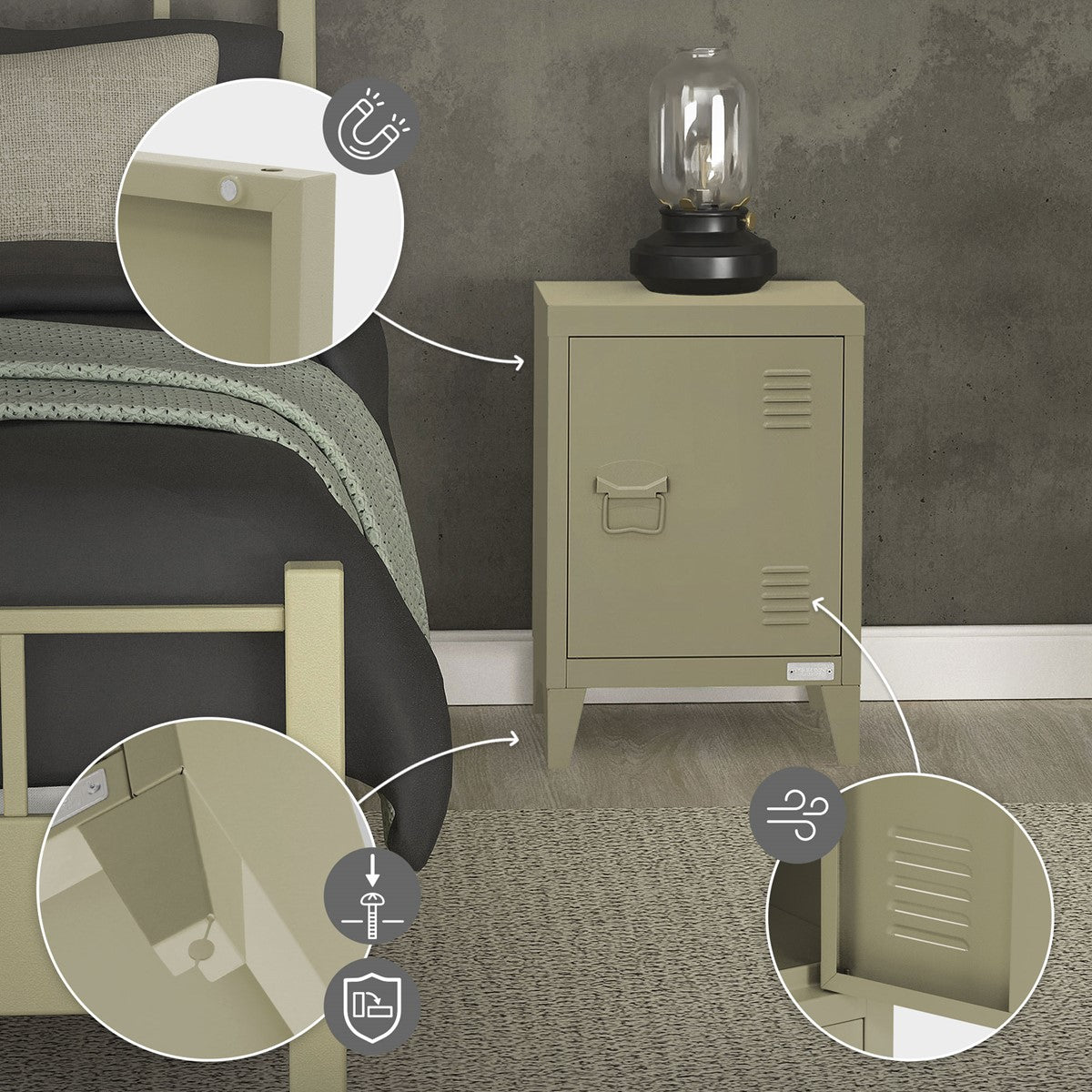 Olive-green bedside table with a lamp and bed, details visible.