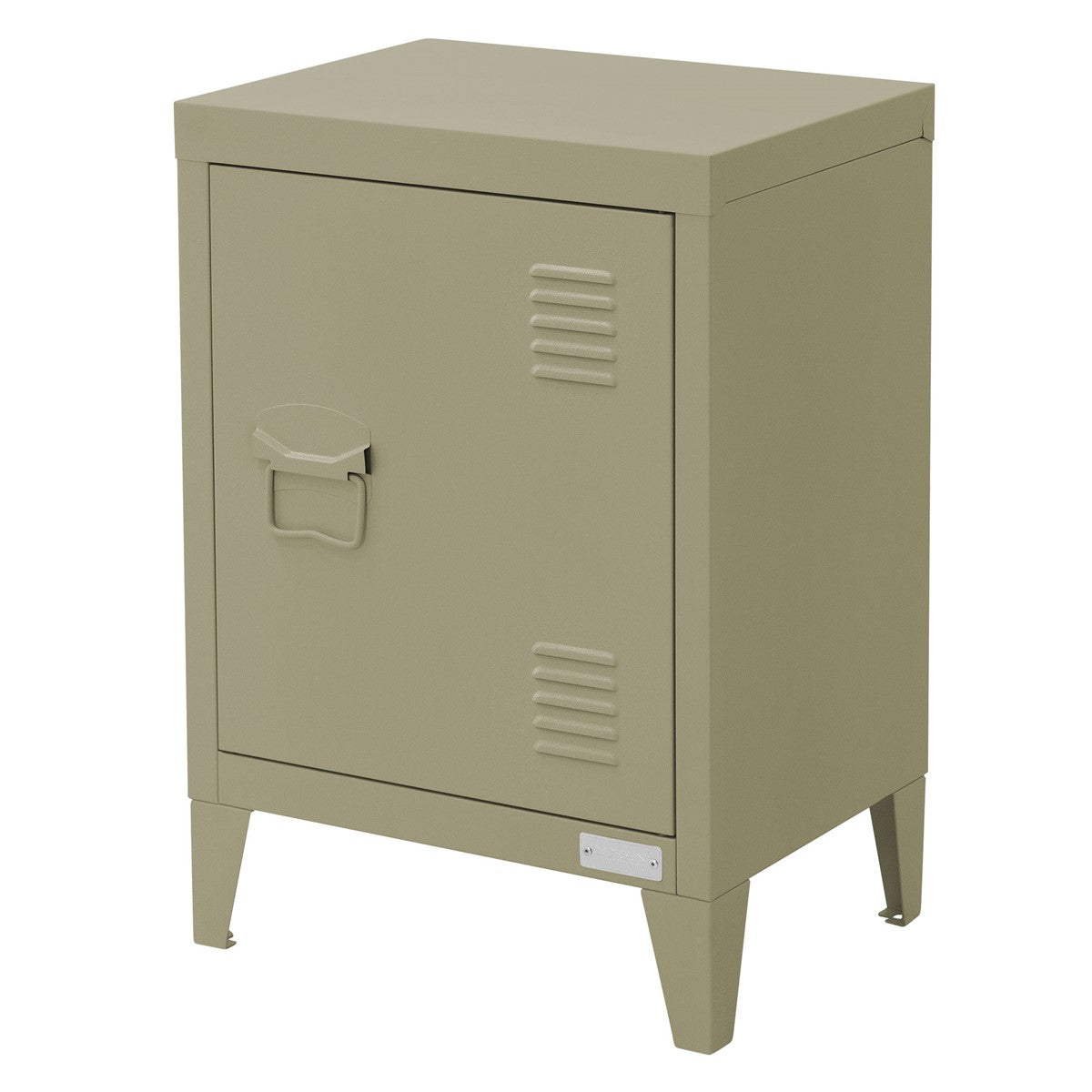Beige metal cabinet with the door closed on a white background.