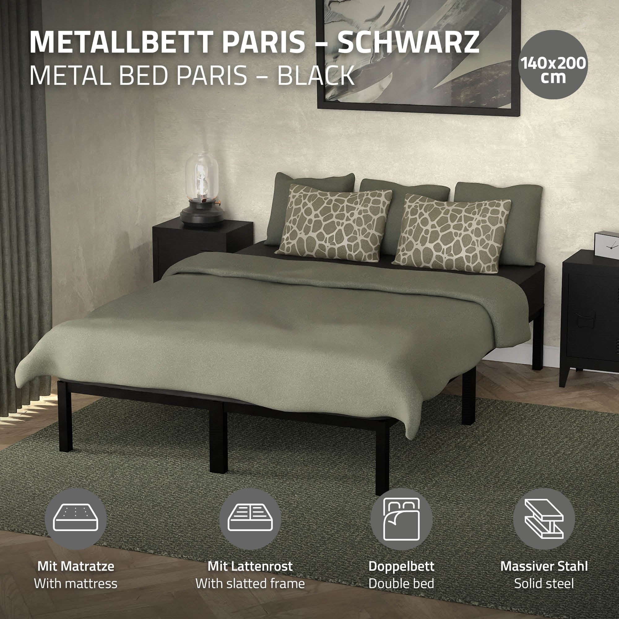 Schwarzes Metallbett mit grauer Bettdecke und Kissen.