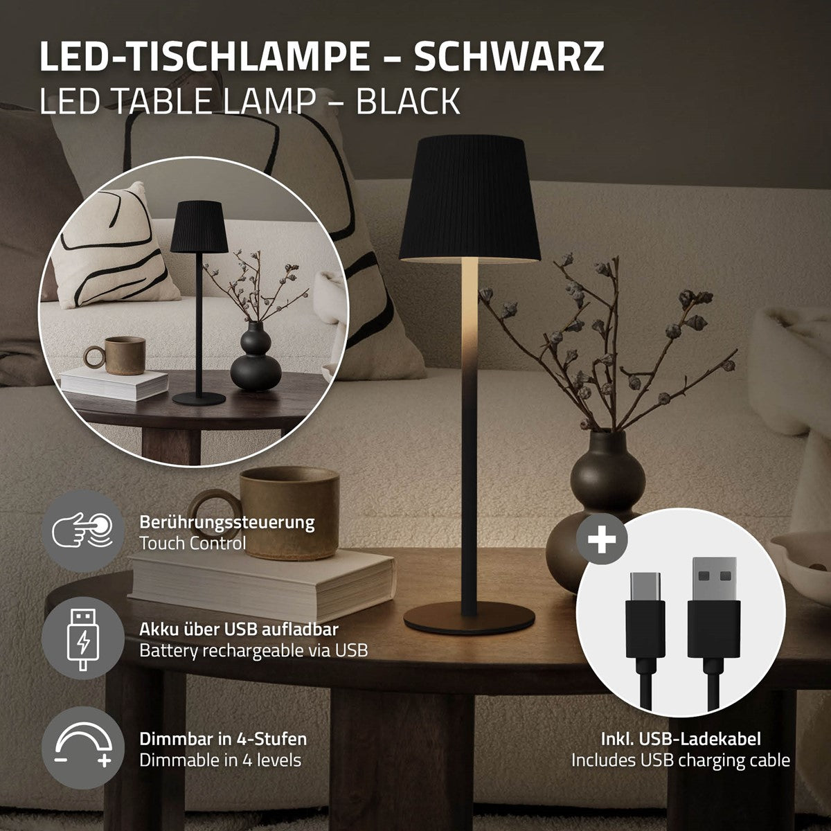 Schwarze LED-Tischlampe mit Touch-Steuerung und USB-Ladekabel.