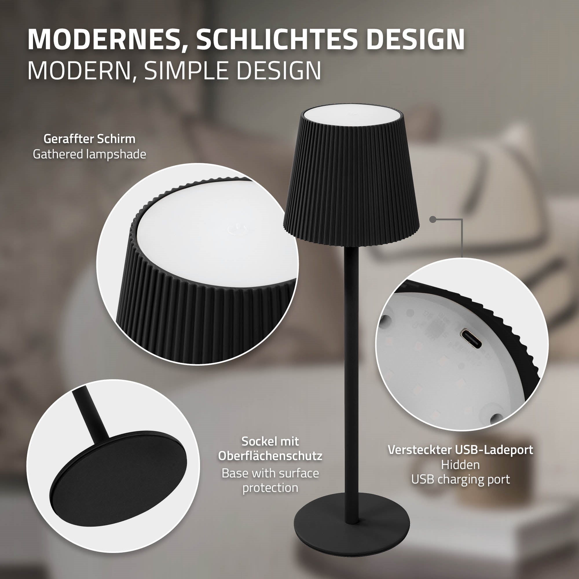 Lampadaire avec un abat-jour noir et un port de chargement USB.