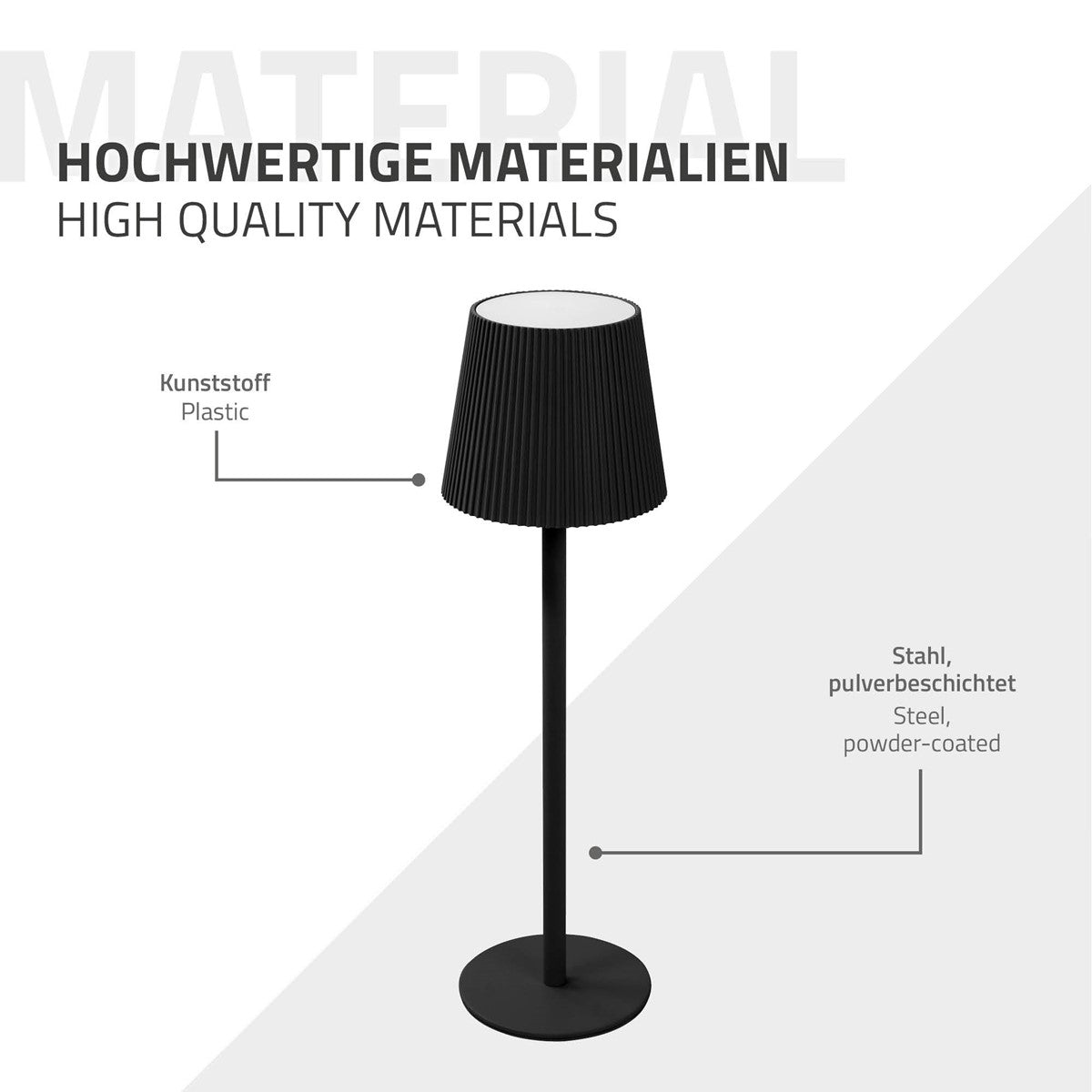 Stehlampe mit schwarzem Lampenschirm und Metallfuß, beschichtet.