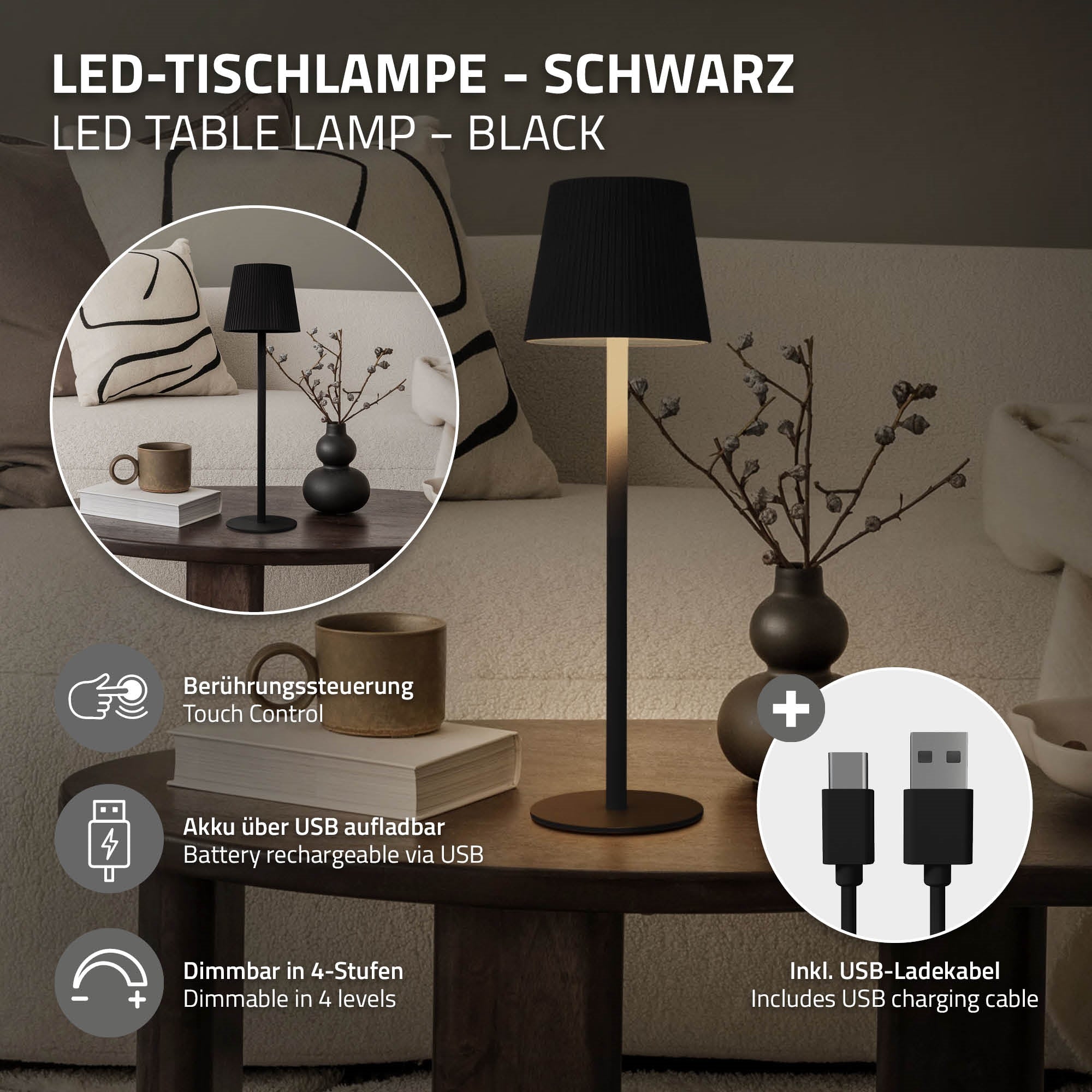 Lampada da tavolo nera a LED con controllo touch e cavo di ricarica USB.