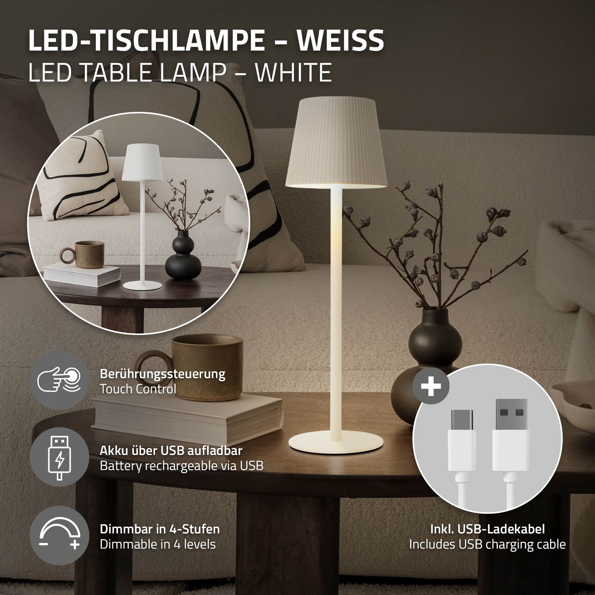Tisch mit einer weißen Lampe, einer schwarzen Vase und einem Zweig in einer weiteren Vase.