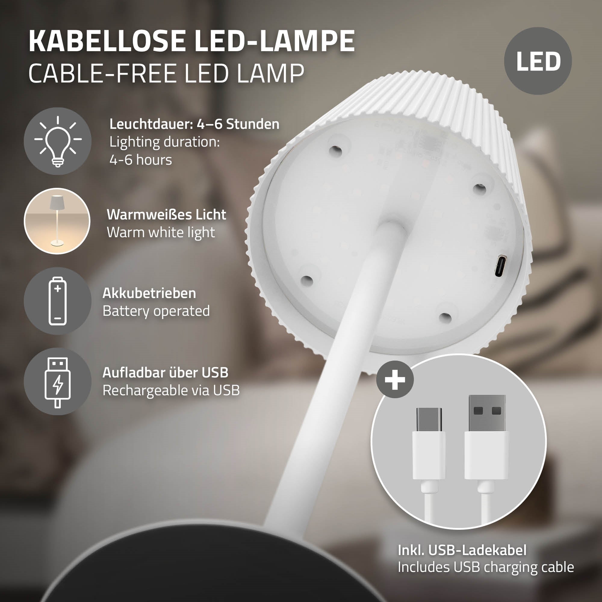 Lampe LED sans fil avec port de chargement USB et fonctionnement sur batterie.
