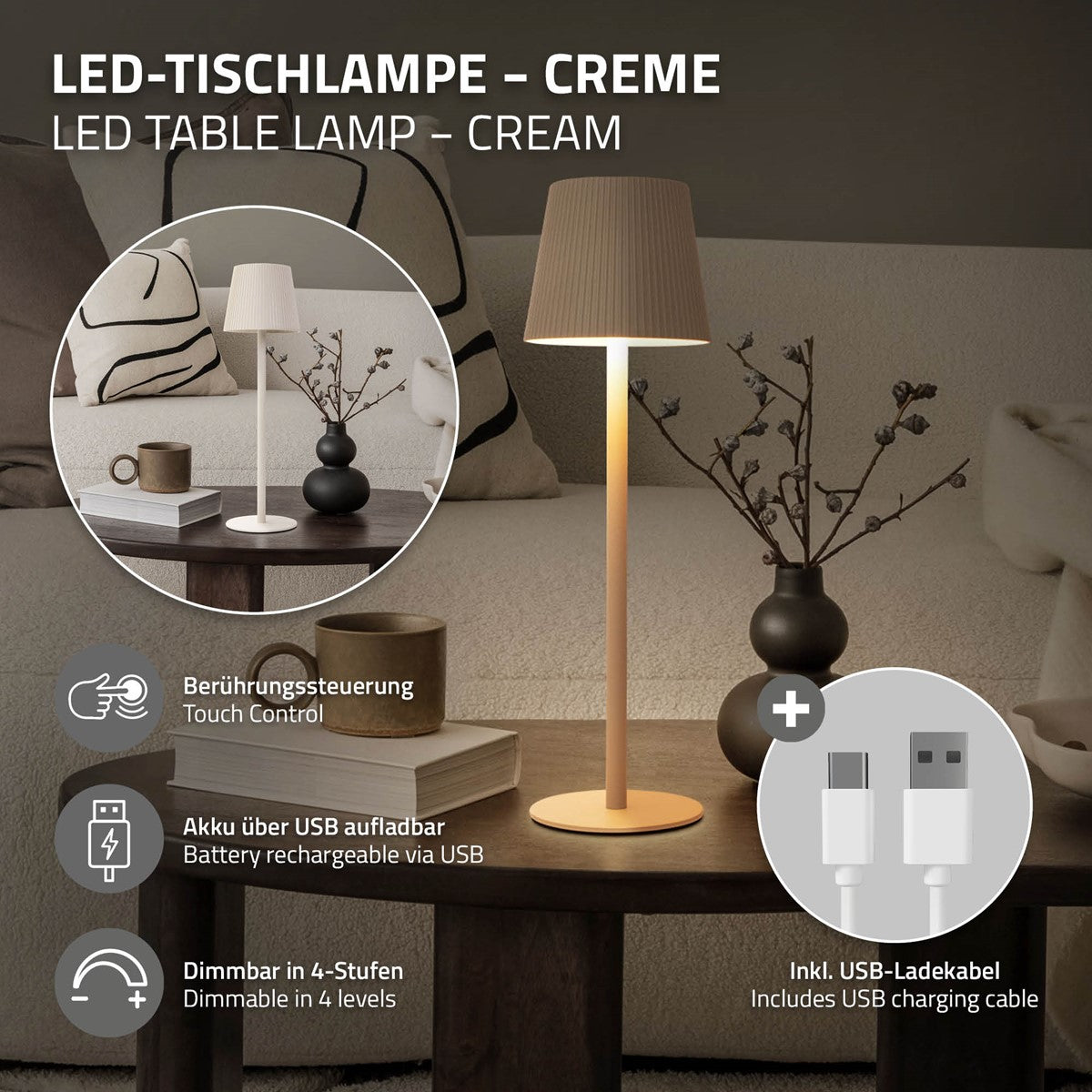 LED asztali lámpa érintésérzékeny vezérléssel és USB-töltőcsatlakozóval.