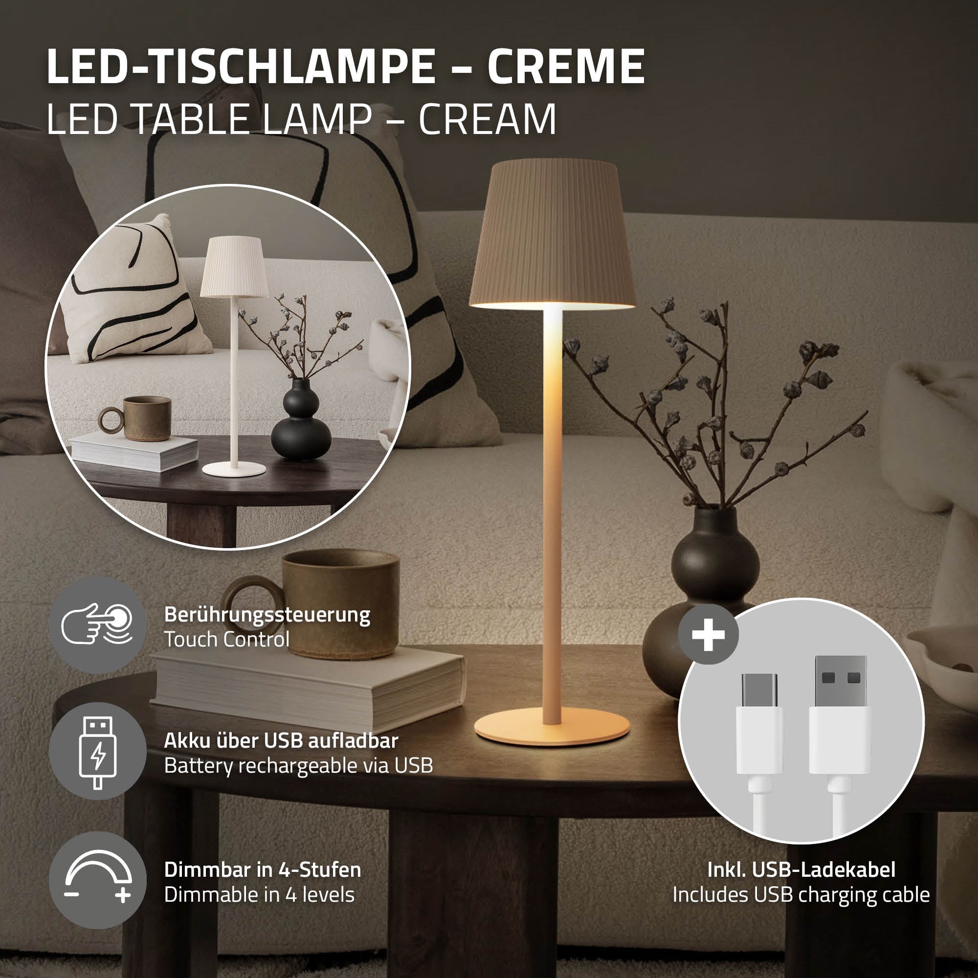 LED table lamp with touch-sensitive control and USB charging port.