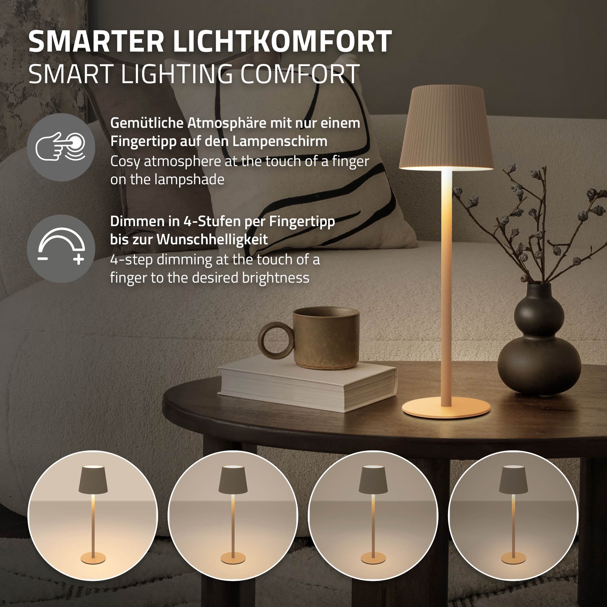 Floor lamp with lampshade and dimmable light levels.