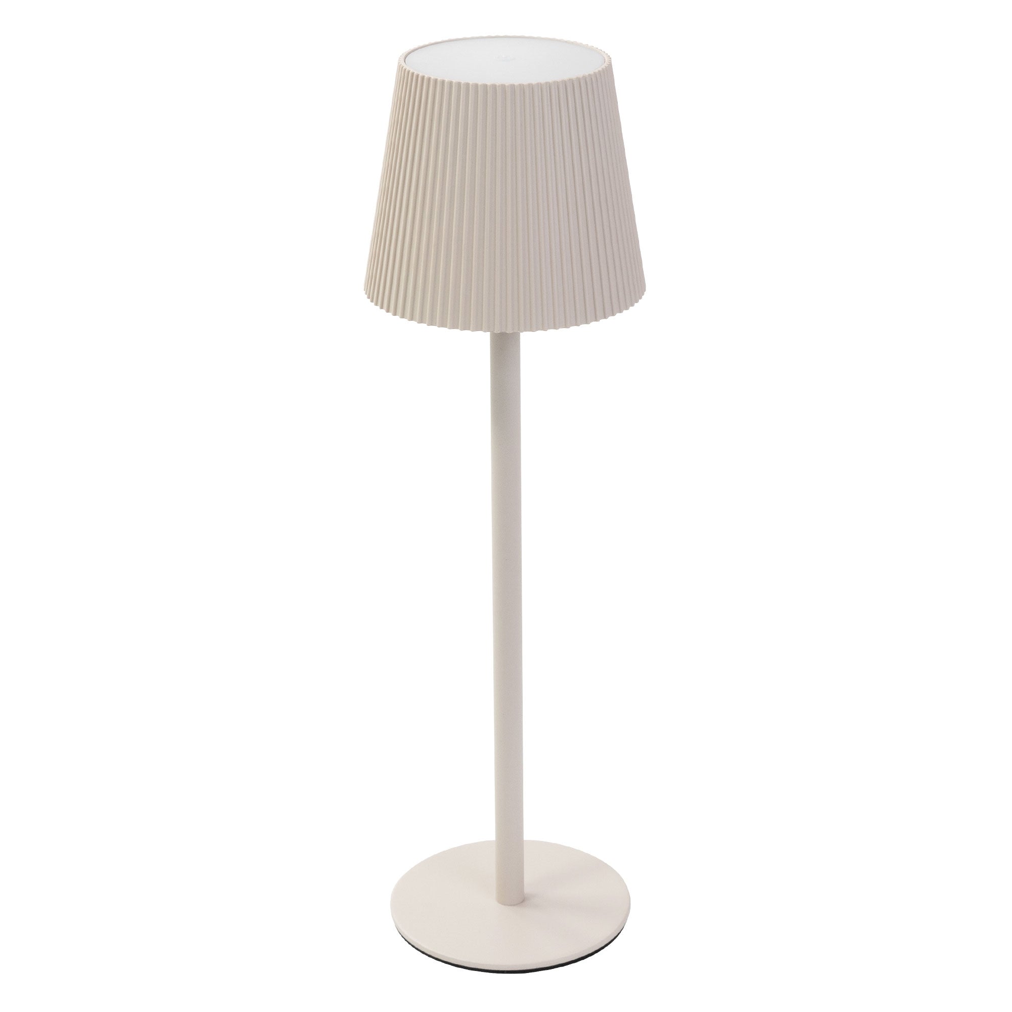 Floor lamp with a white, ribbed lampshade on a round base.