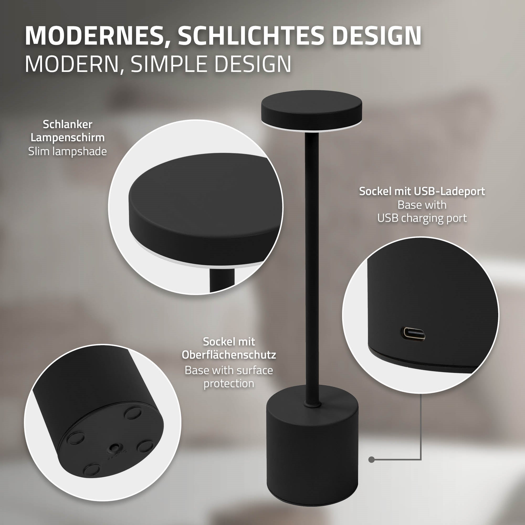 Abat-jour et socle élancés avec port de chargement USB.