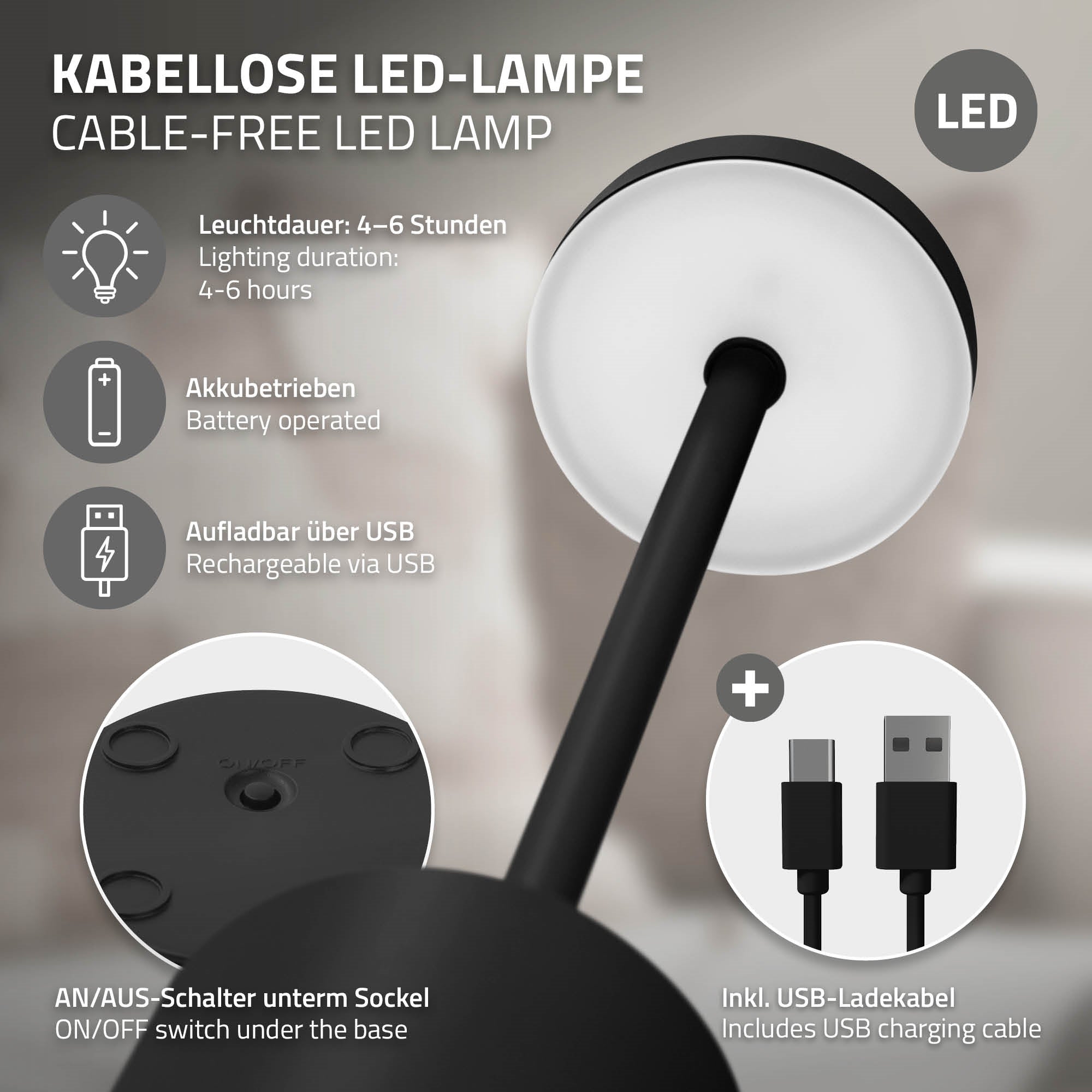 Graphique d'une lampe LED sans fil avec informations sur l'autonomie de la batterie et la fonction de chargement USB.
