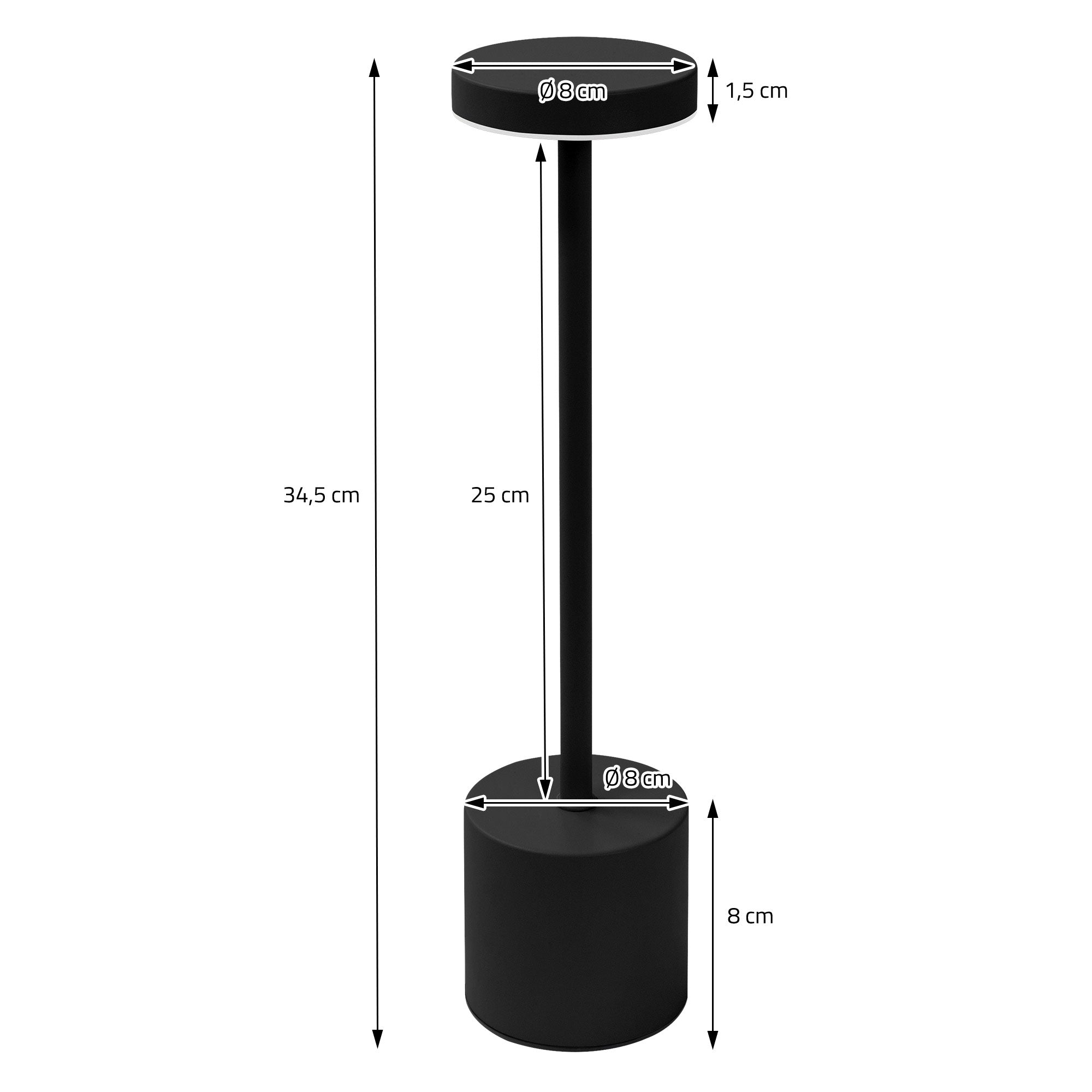 Dessin technique d'une lampe avec hauteur et diamètre.