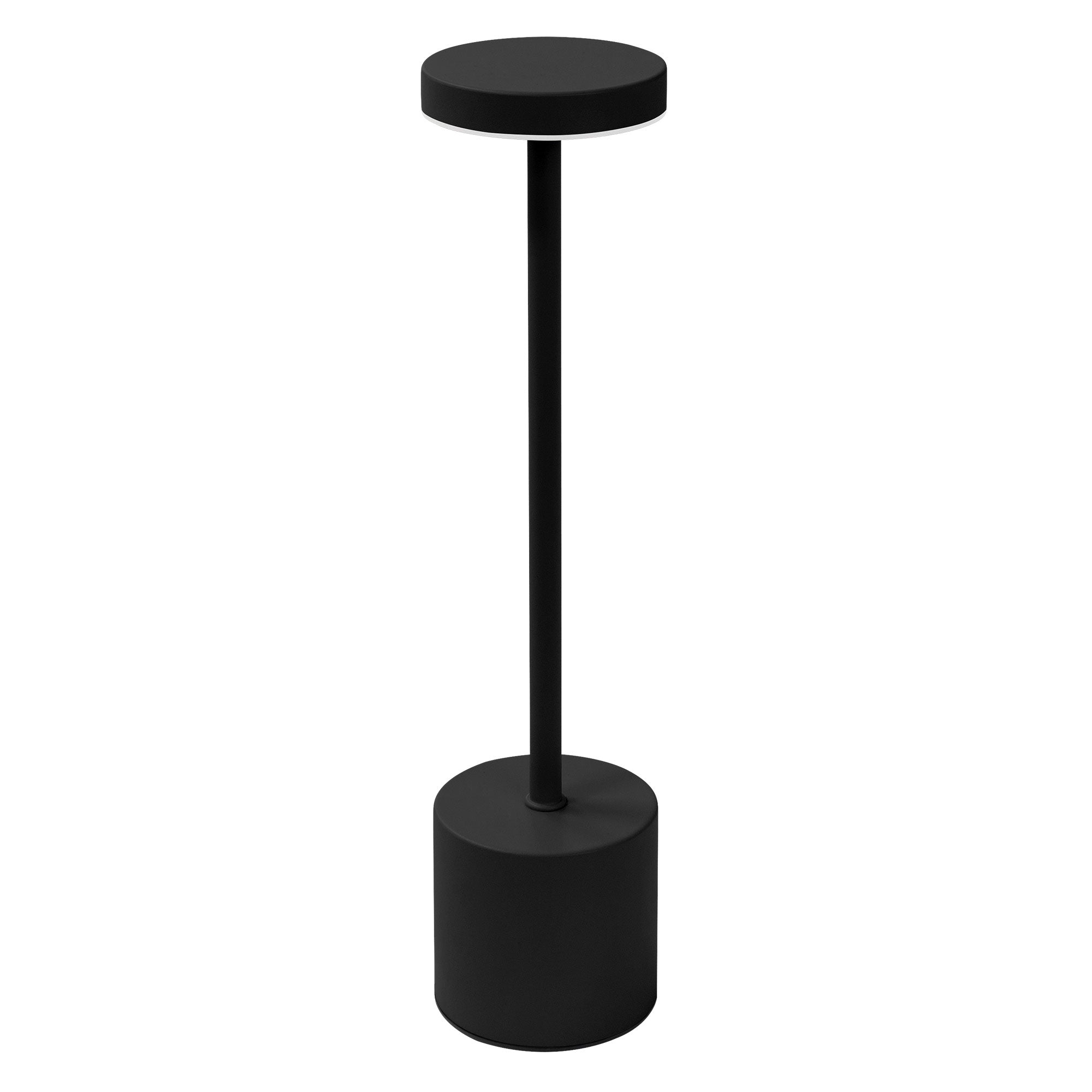 Eine schwarze Stehlampe mit runder Oberseite und zylindrischem Fuß.