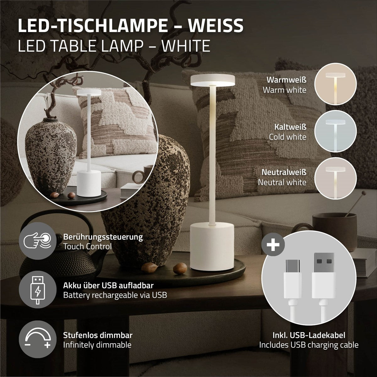 Bílá LED stolní lampa s dotykovým ovládáním a USB nabíjecím portem.