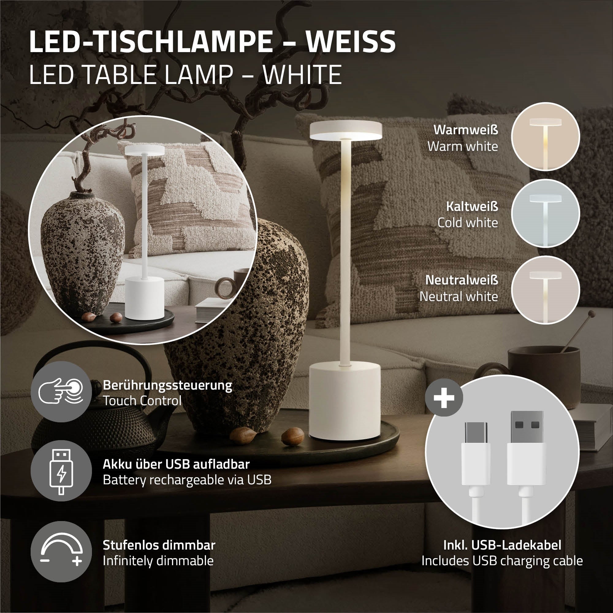 Weiße LED-Tischlampe mit Touch-Steuerung und USB-Ladeanschluss.