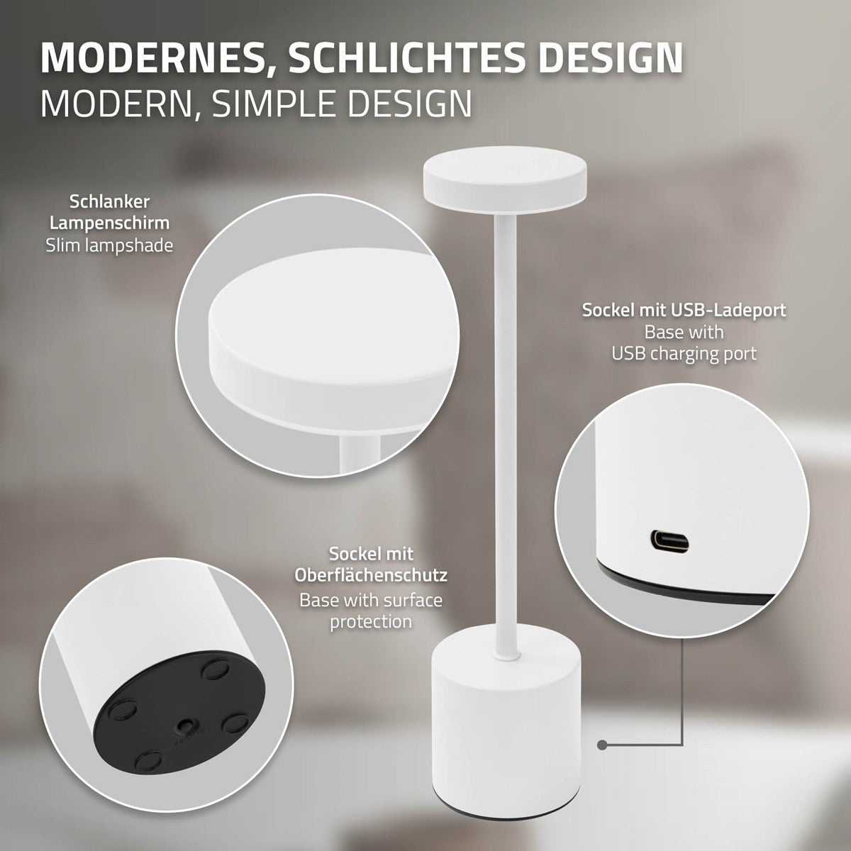 Moderní stolní lampa s elegantním designem a USB nabíjecím portem.