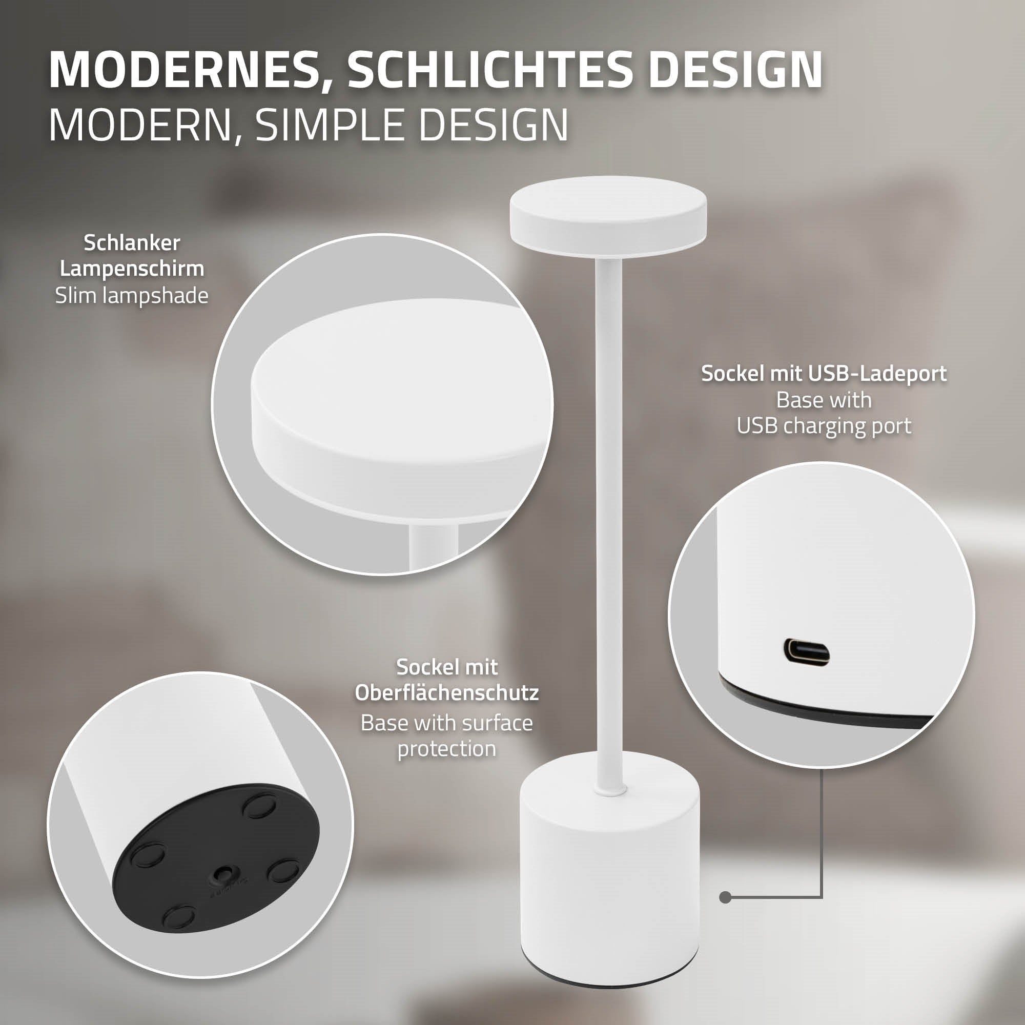 Moderne Tischlampe mit schlankem Design und USB-Ladeanschluss.