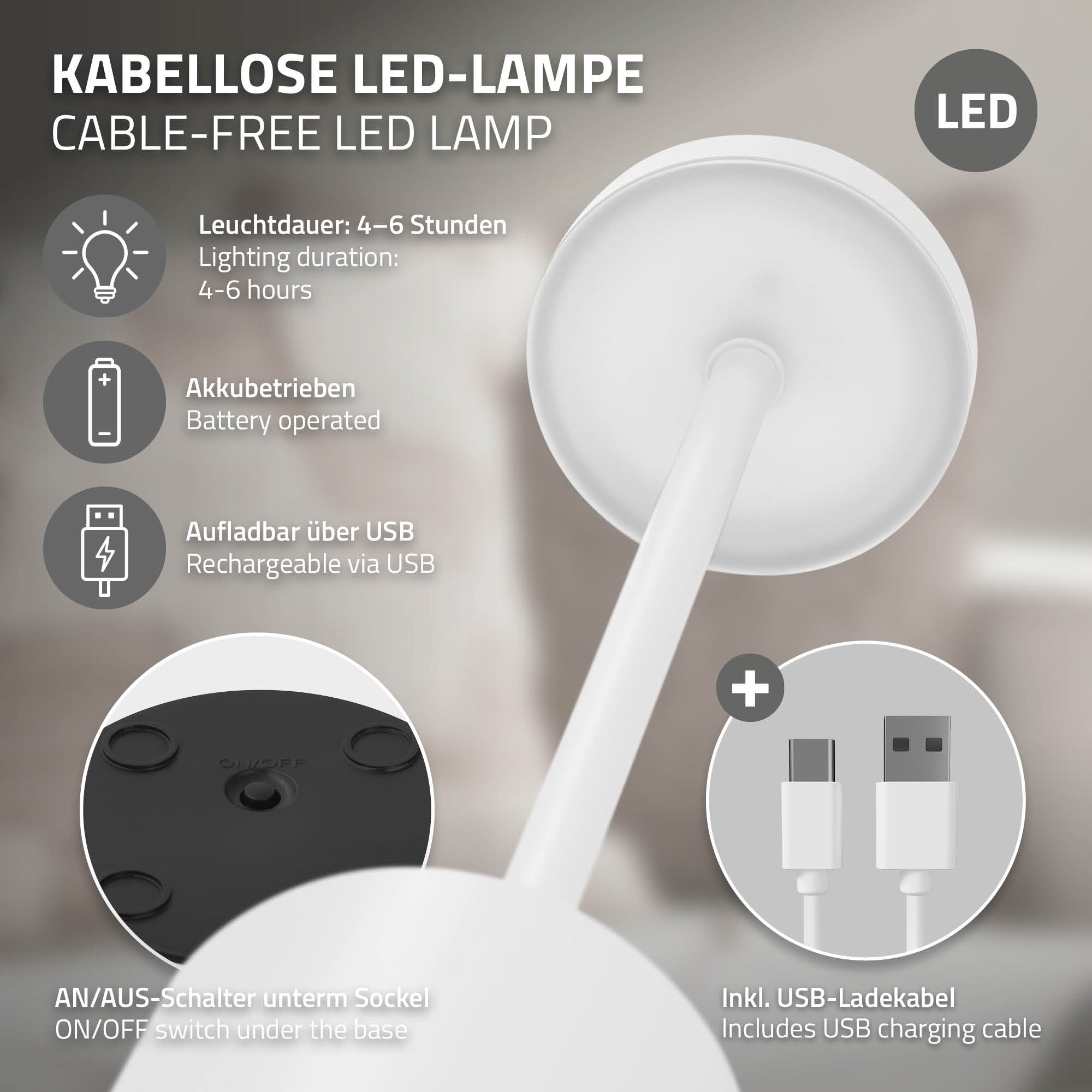 Eine kabellose LED-Lampe mit USB-Ladeanschluss.