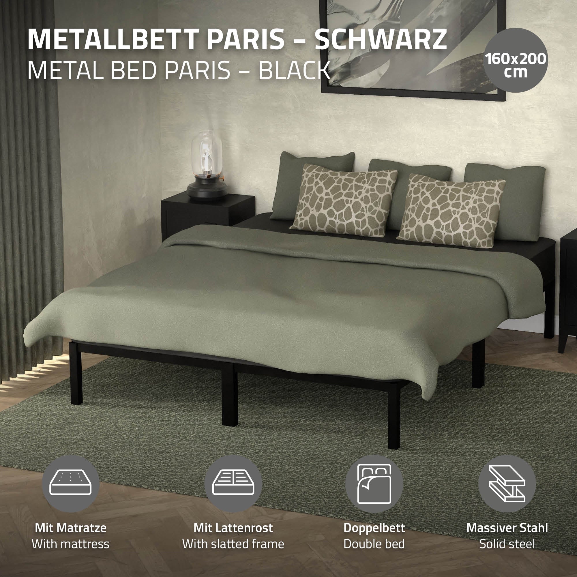Schwarzes Metallbett mit Matratze und Kissen, im modernen Schlafzimmer.