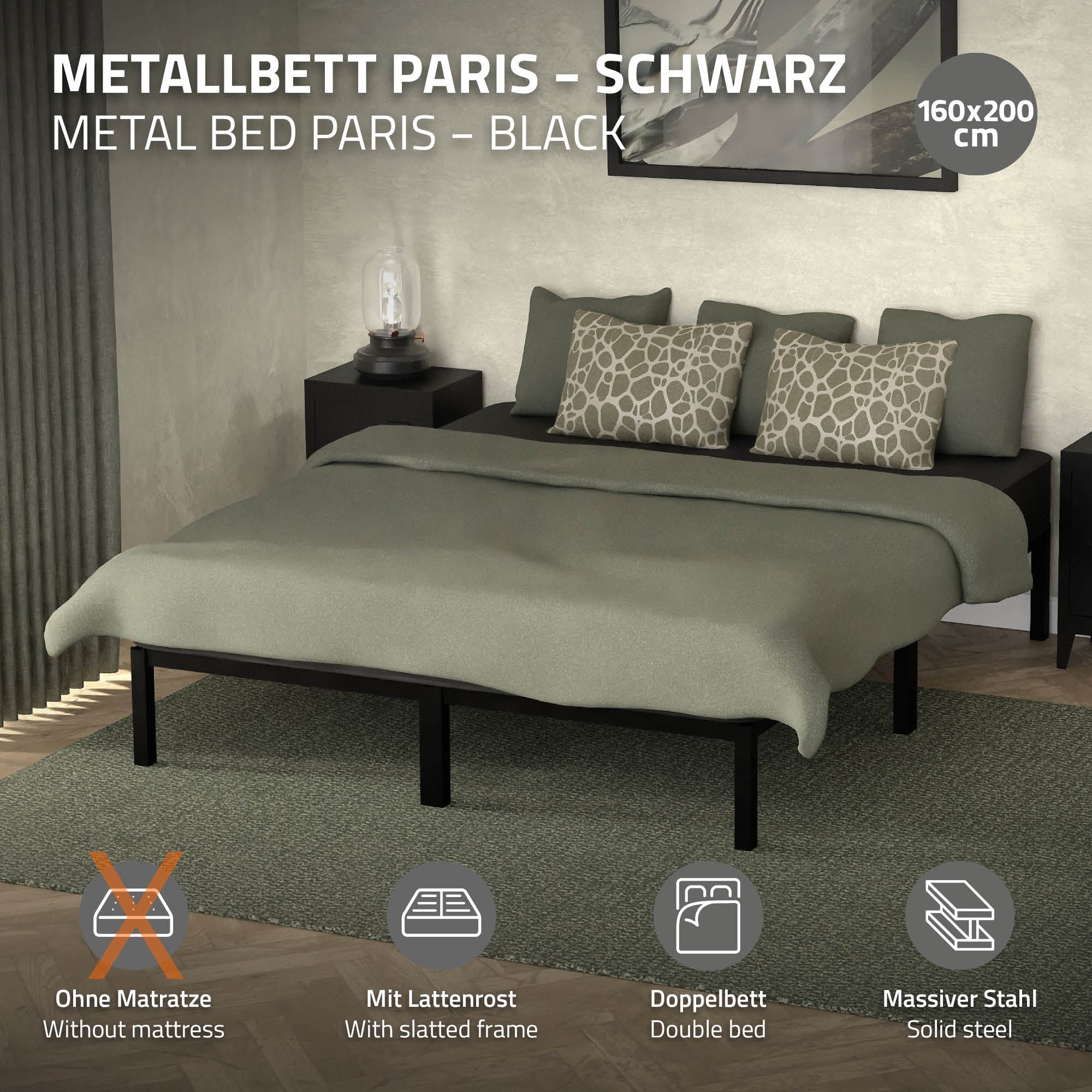 Schwarzes Metallbett ohne Matratze, mit Lattenrost und zwei Kissen.