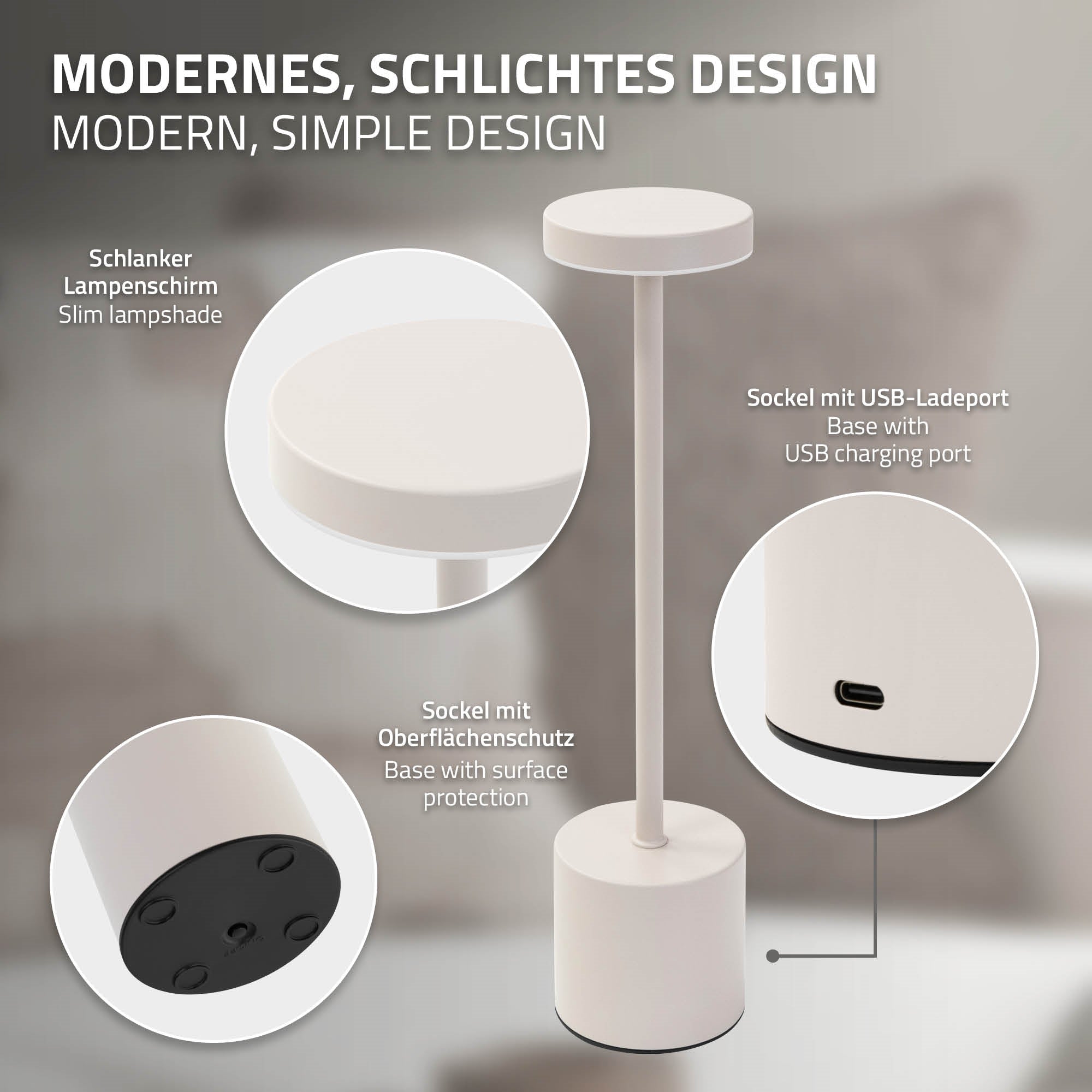 Lampe sur pied moderne avec un design élancé et port de chargement USB.