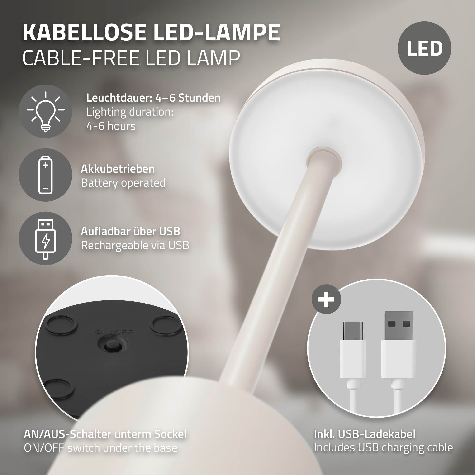 Lampe LED sans fil avec port de chargement USB et batterie.