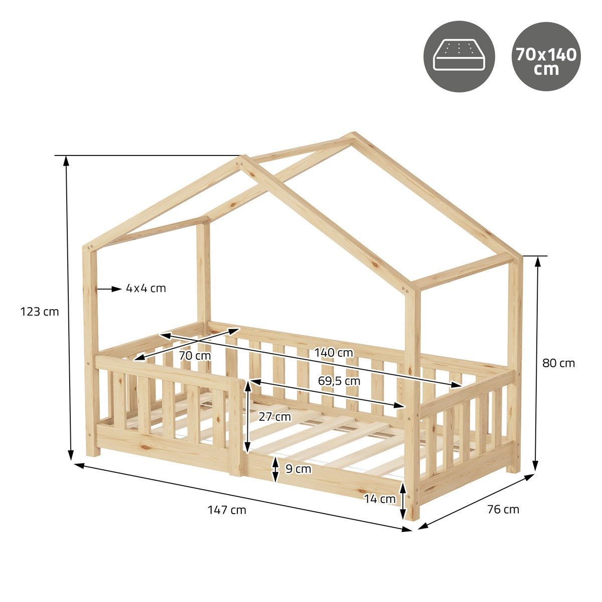 Wooden playhouse with a roof, dimensions in cm, open design with a grid.