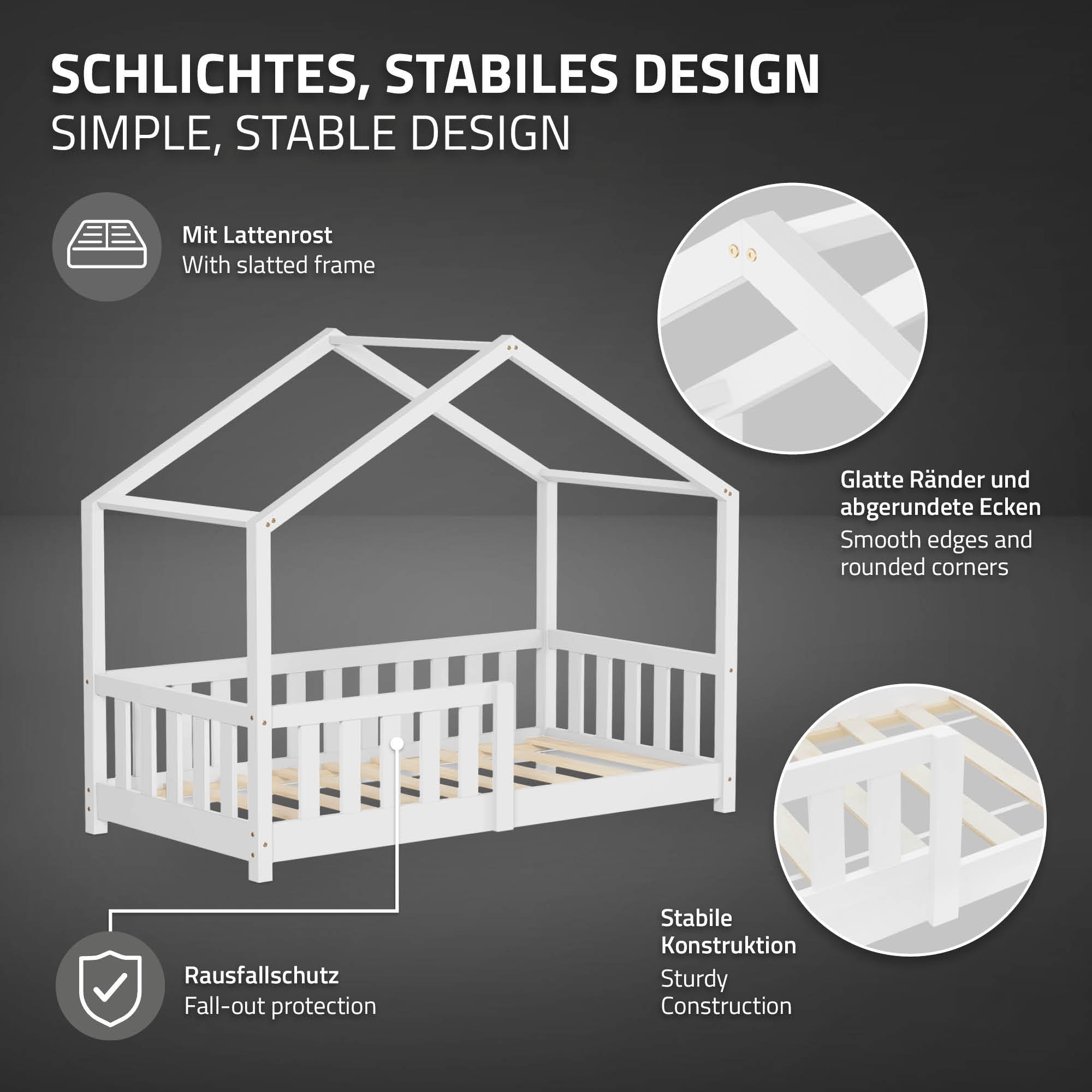 Bett mit schrägem Dach, weißen Rahmen und glatten Kanten.
