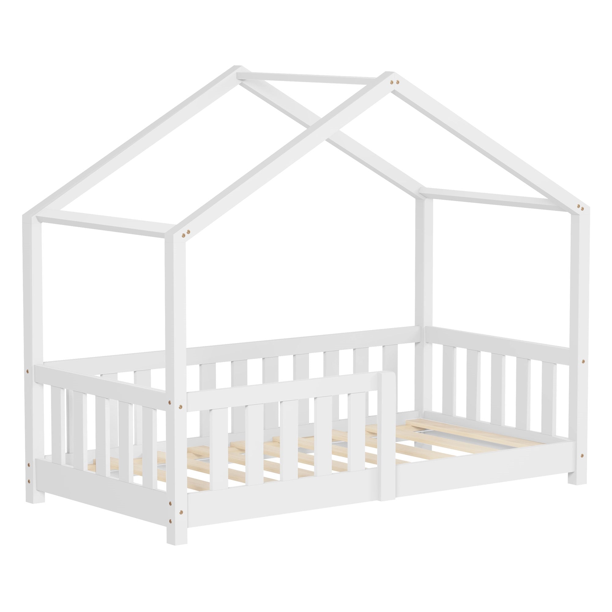 Cama infantil blanca con techo y somier abierto.