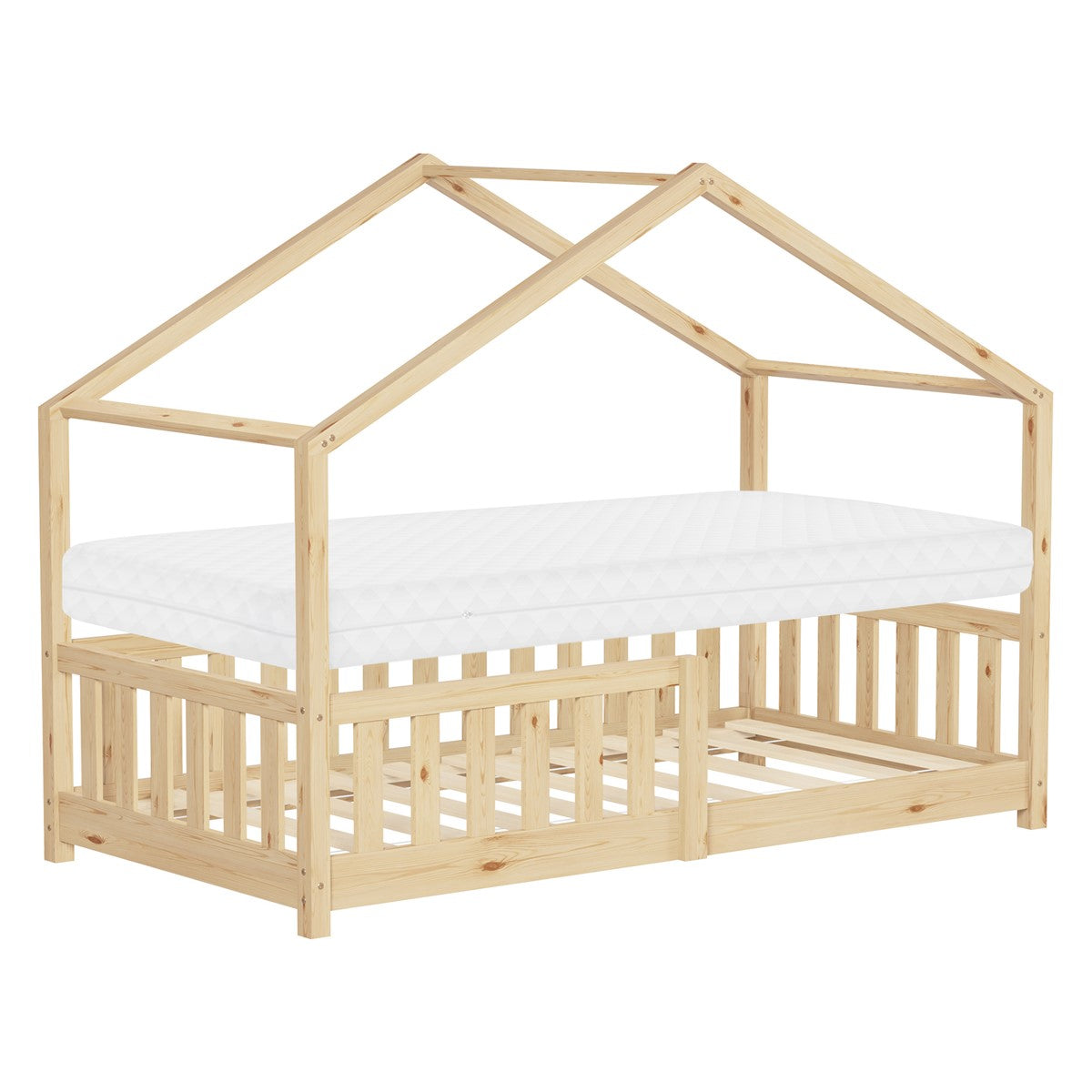 Holzrahmenbett mit Matratze und offener Struktur.