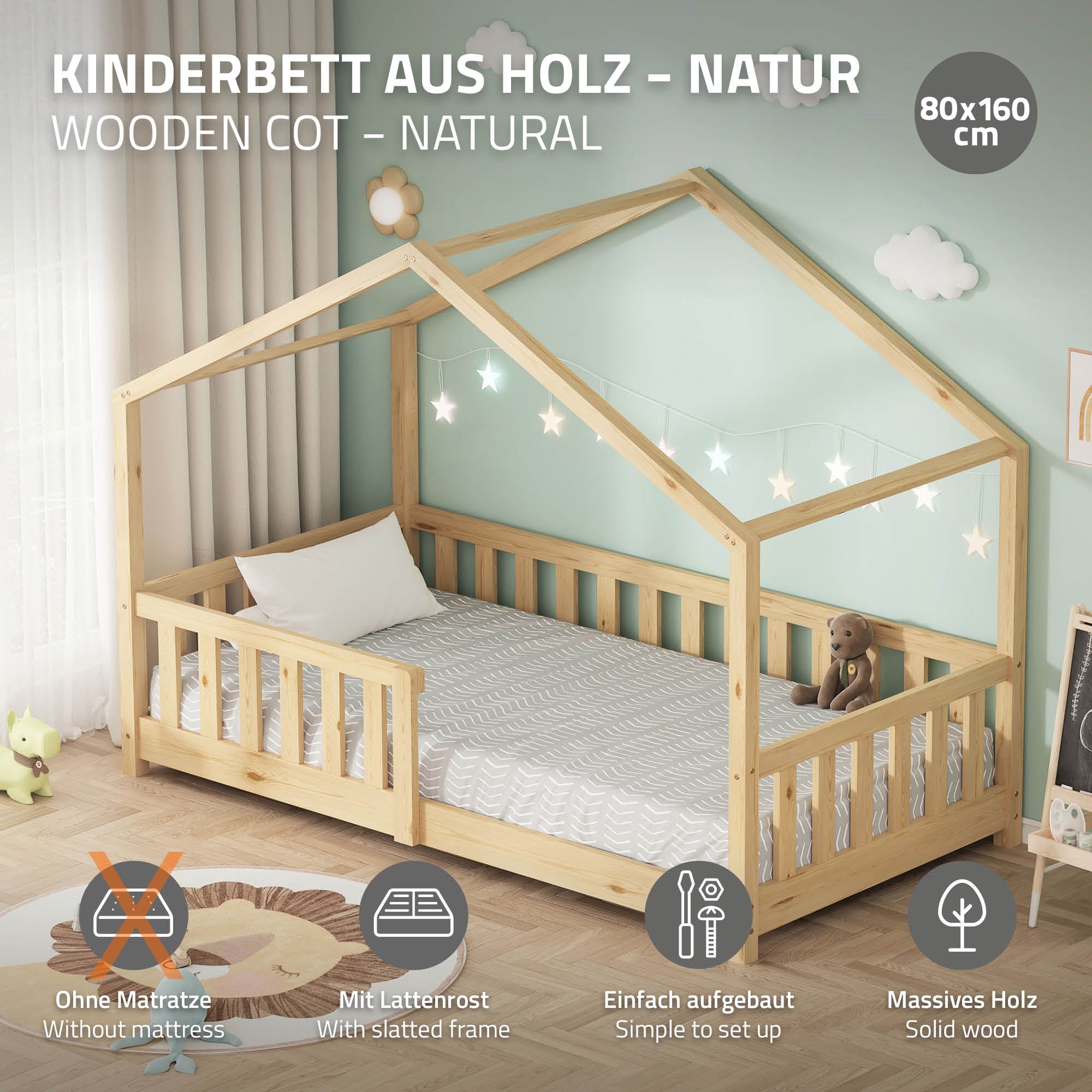 Lit en bois pour enfant avec toit, cadre stable et bords lisses.
