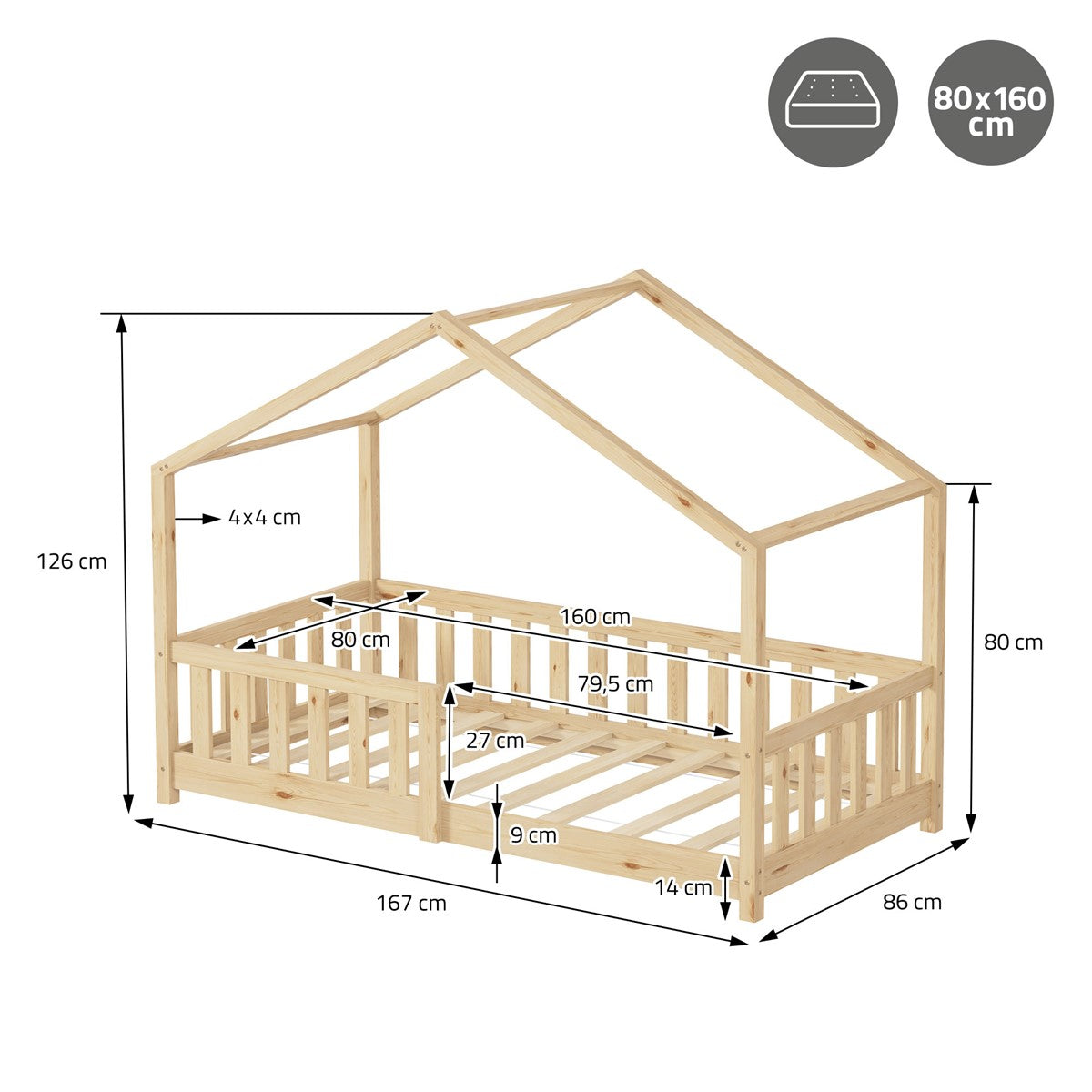 Holzhausbett mit Maßen, zeigt die Struktur und Abmessungen in cm.