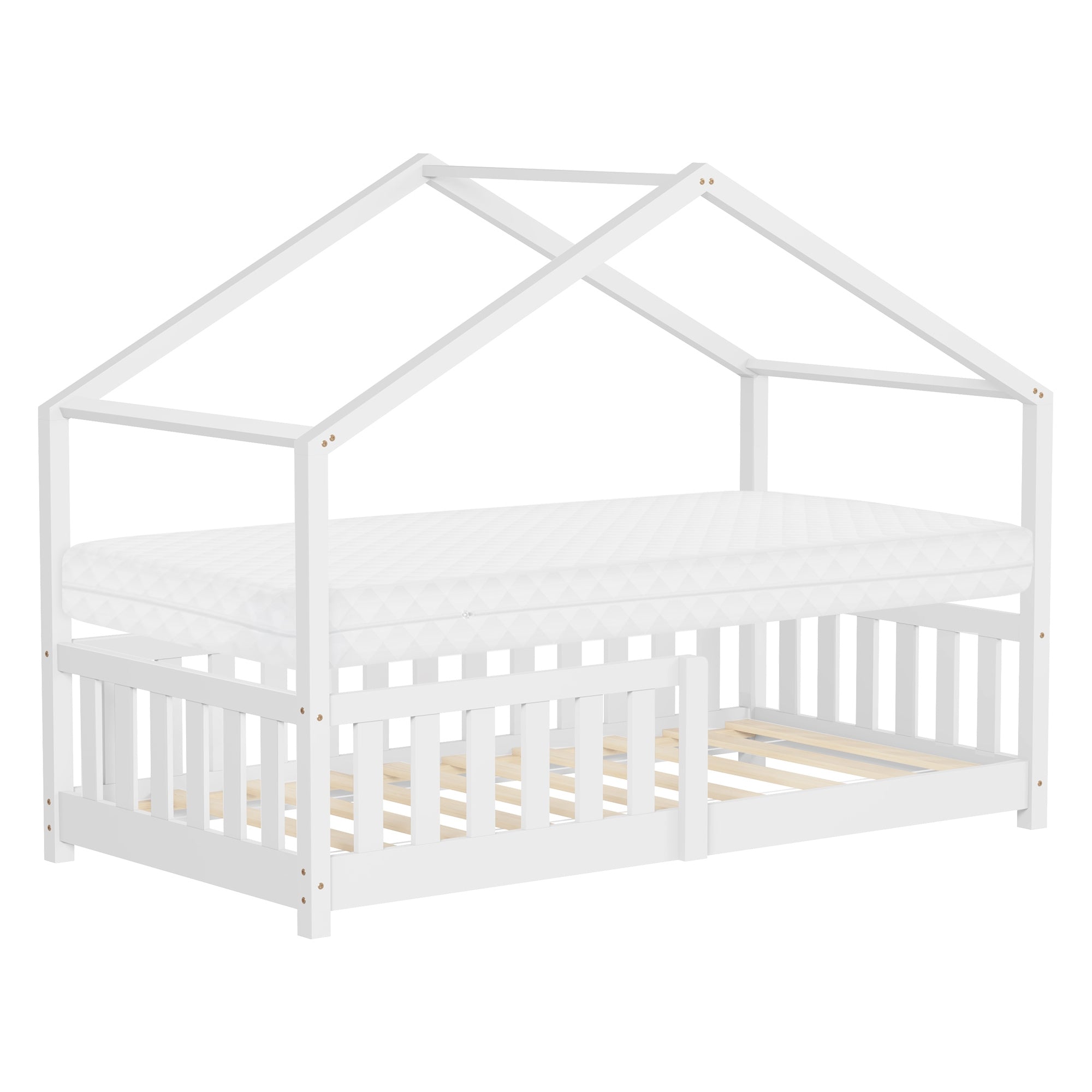 Weißes Kinderbett in Hausform mit Matratze und Holzlatten.