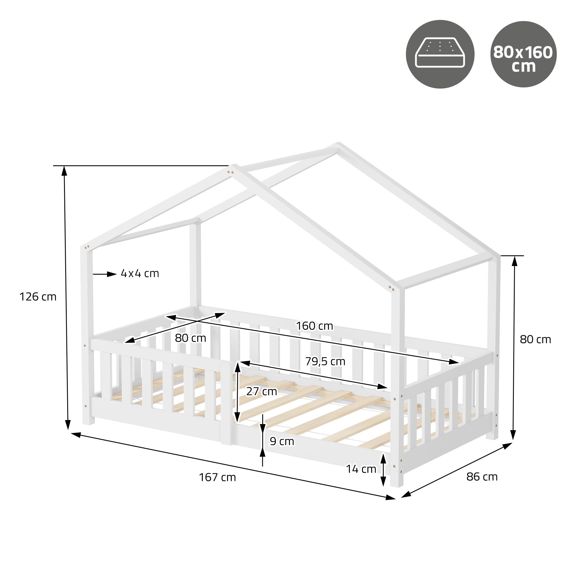 Plan de construction d'un lit pour enfant avec les dimensions 80x160 cm.