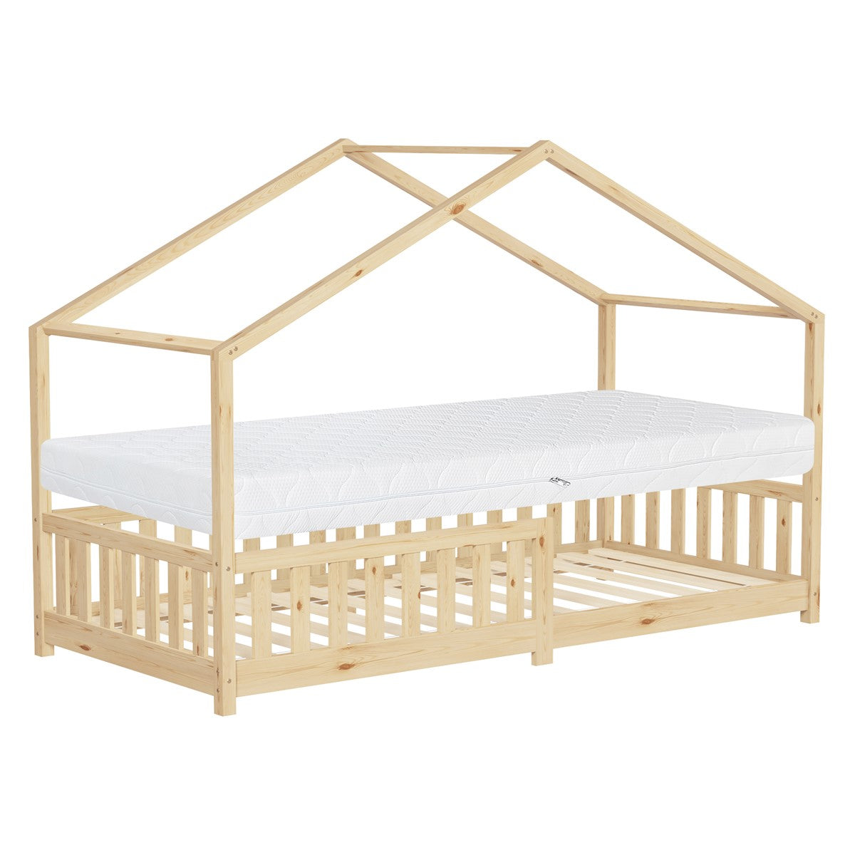 A house-shaped children's bed with a mattress and an open bed base.