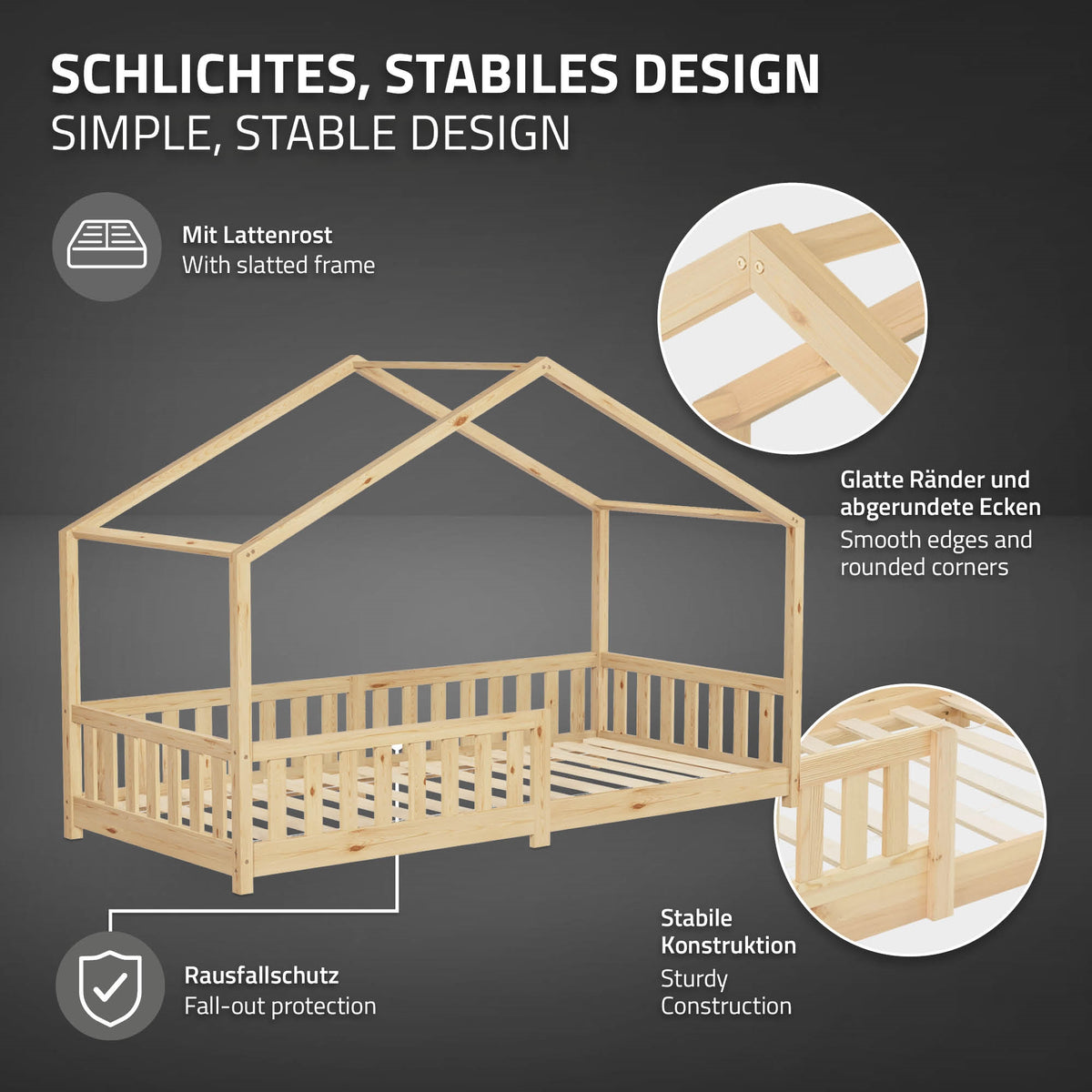 Holz-Kinderbett mit glatten Kanten und Rausfallschutz.
