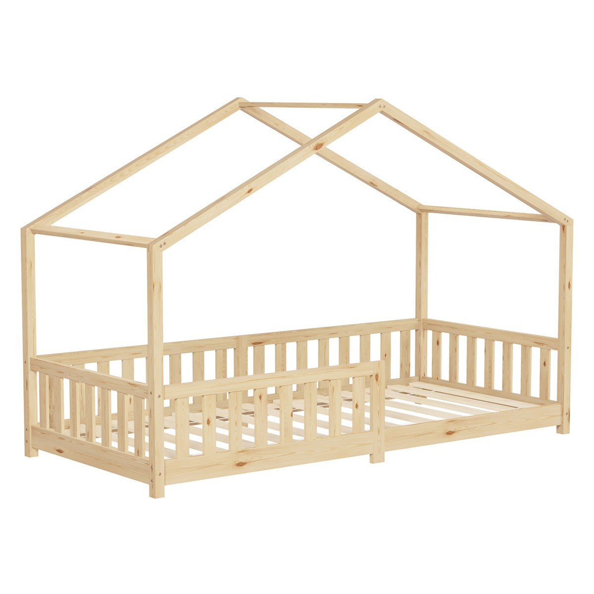 Holzhausbett mit offener Dachkonstruktion und Gitterseiten.