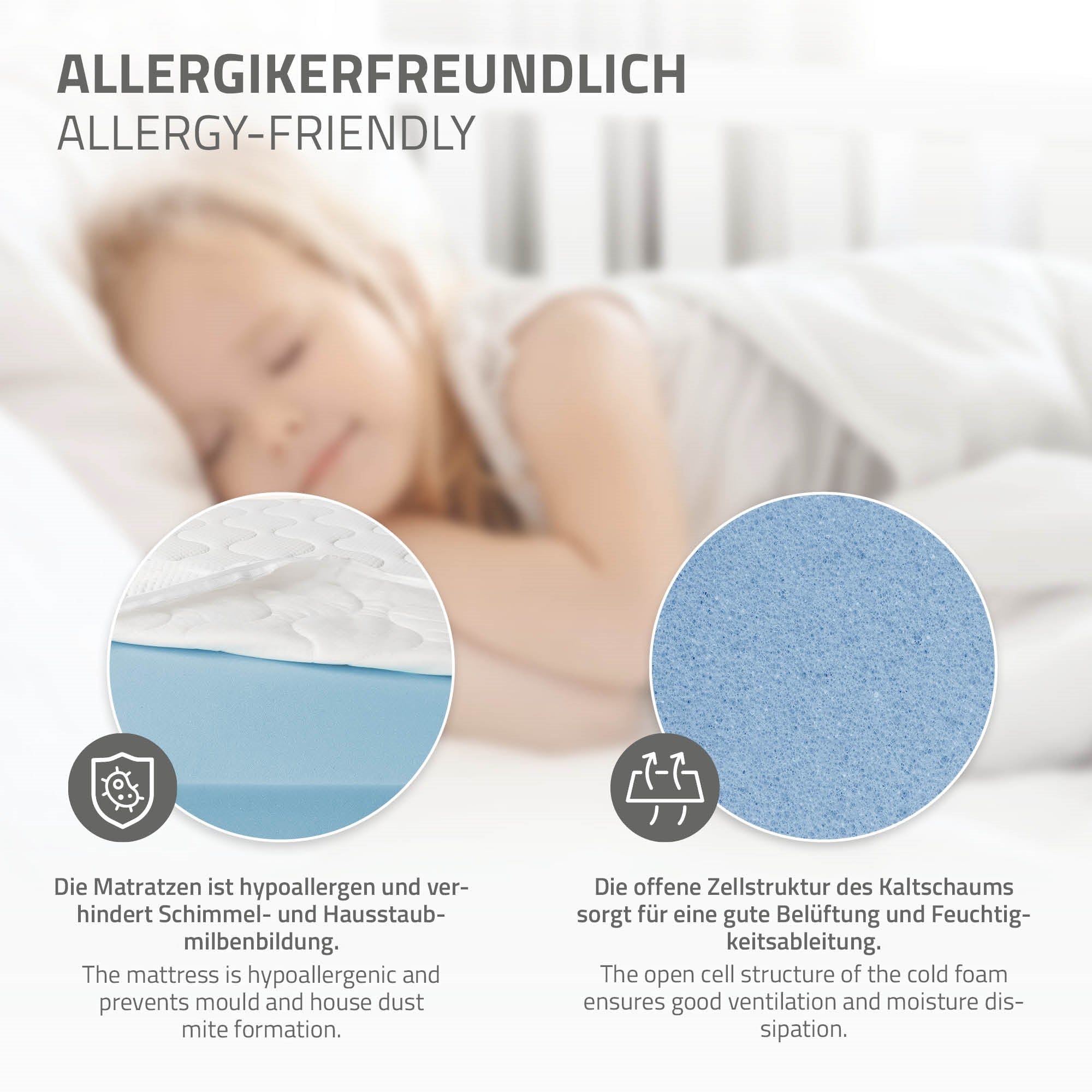 Matratze mit hypoallergenen Eigenschaften und offener Zellstruktur.