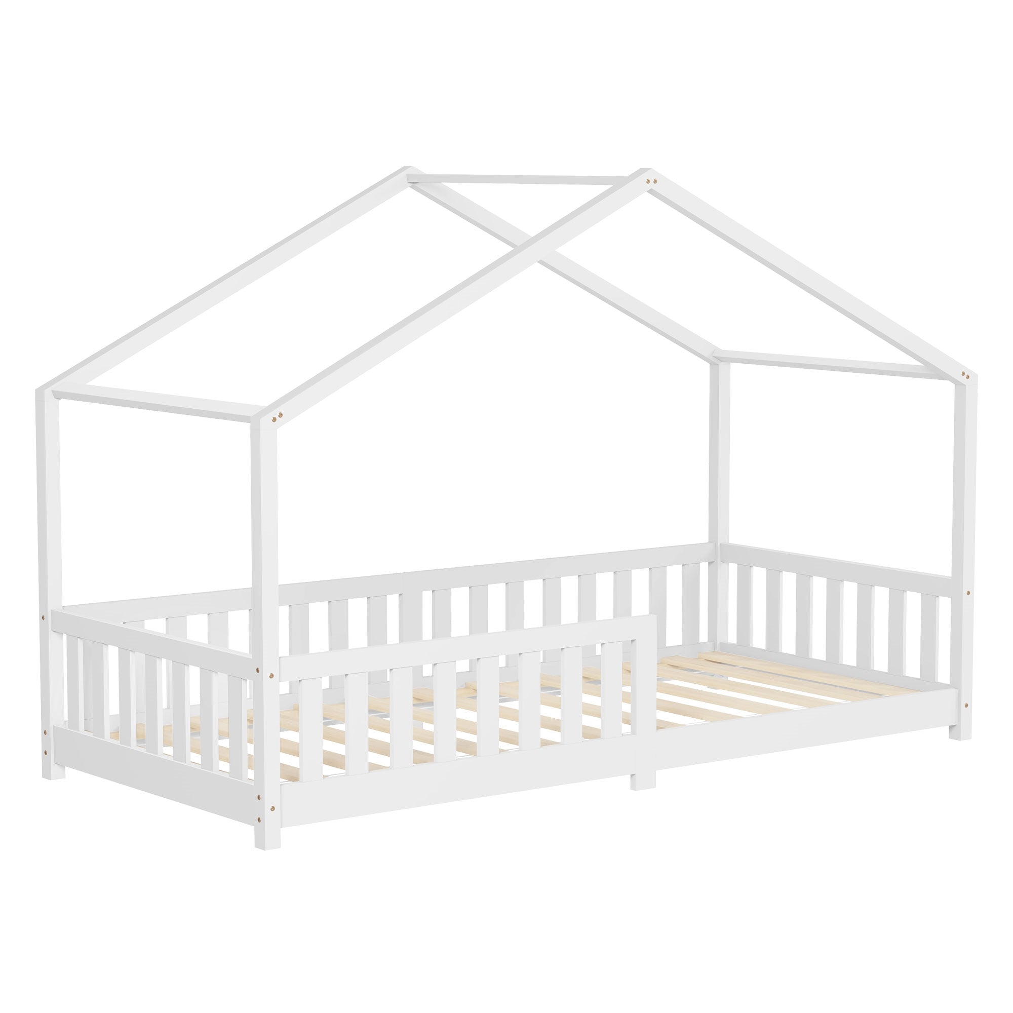 Weißes Holz-Kinderbett mit Dachstruktur.