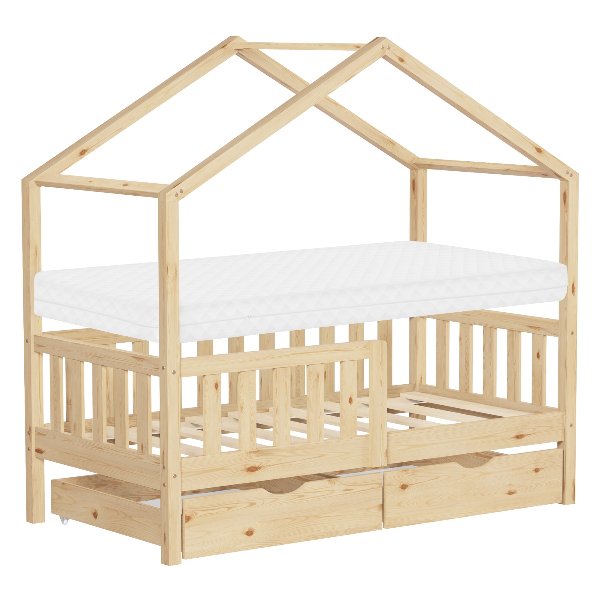 Holzfarbenes Kinderbett im Hausdesign mit Matratze und Schubladen.