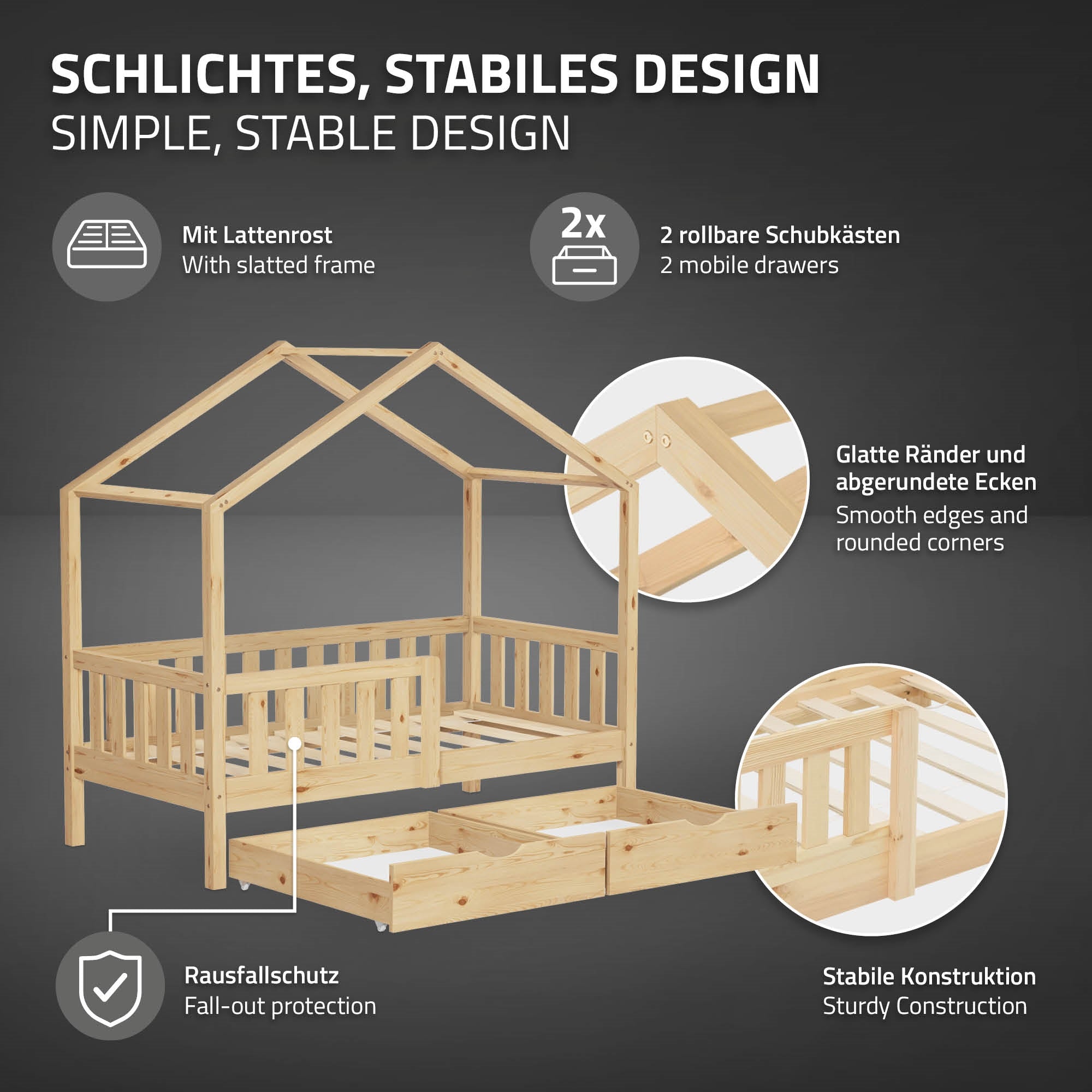 Grafik mit Informationen zu einem stabilen Holzbett.