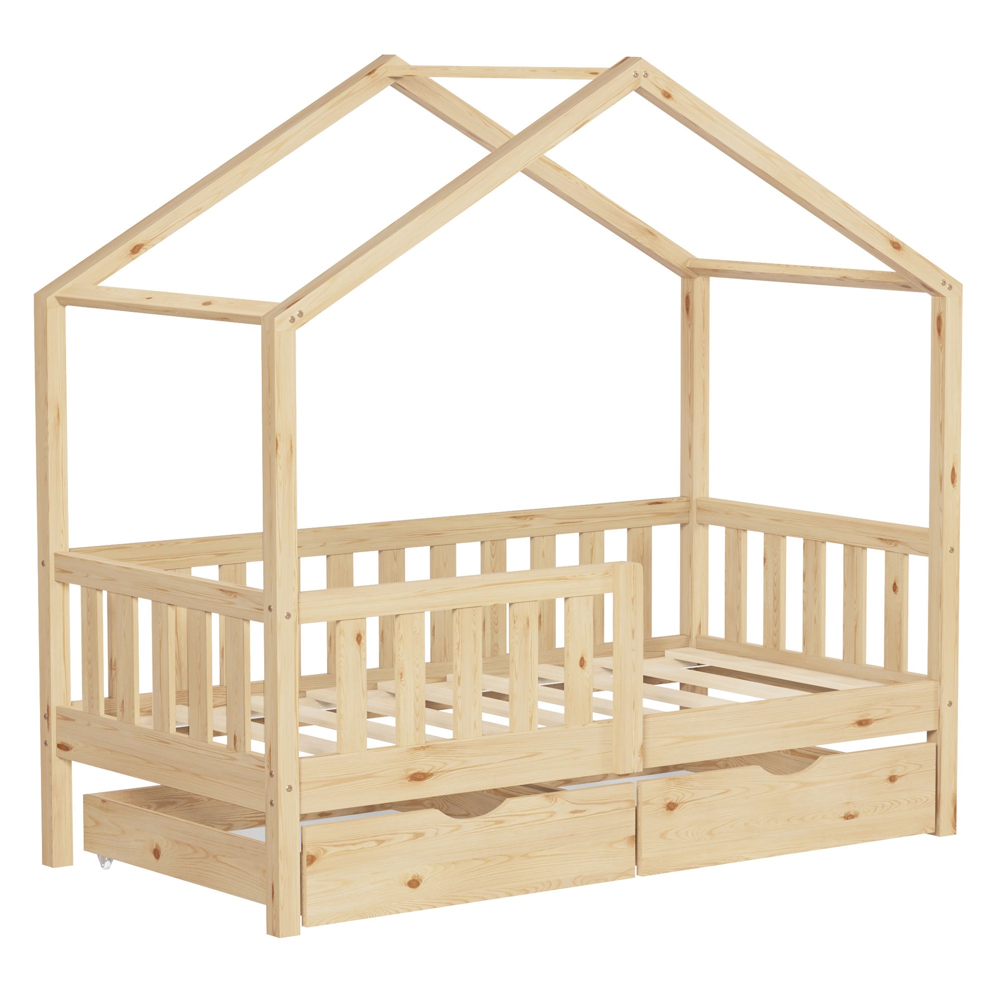 Holzbett in Hausform mit Gitter und zwei Schubladen.