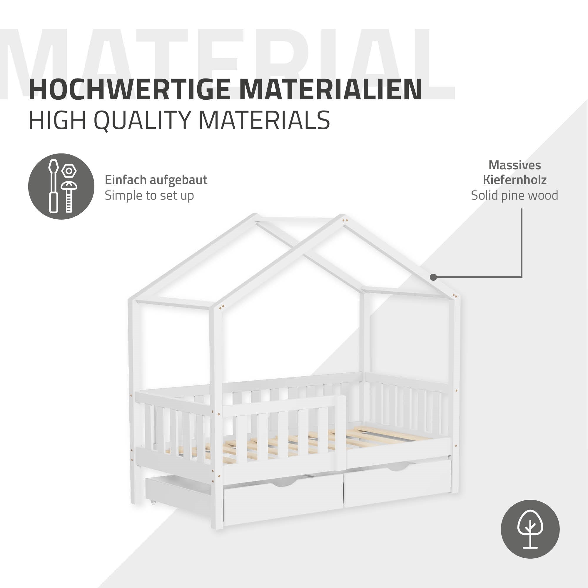 Grafik mit einem Kinderbett aus massivem Kiefernholz und Materialbeschreibung.