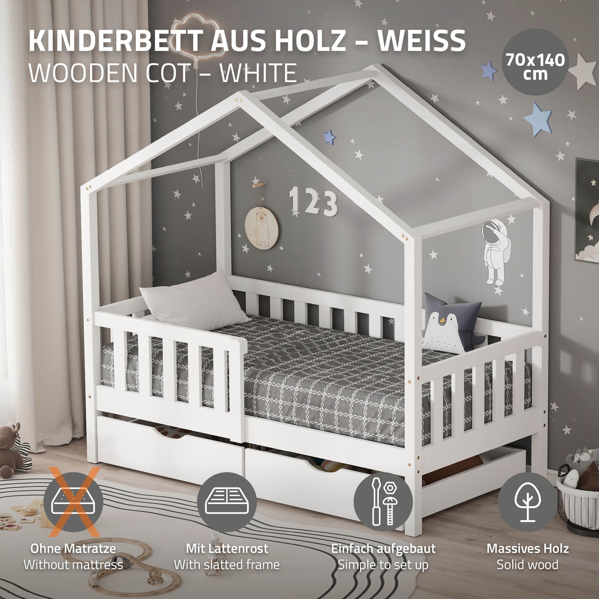 Weißes Kinderbett aus Holz mit Dach und Matratze 70x140 cm.