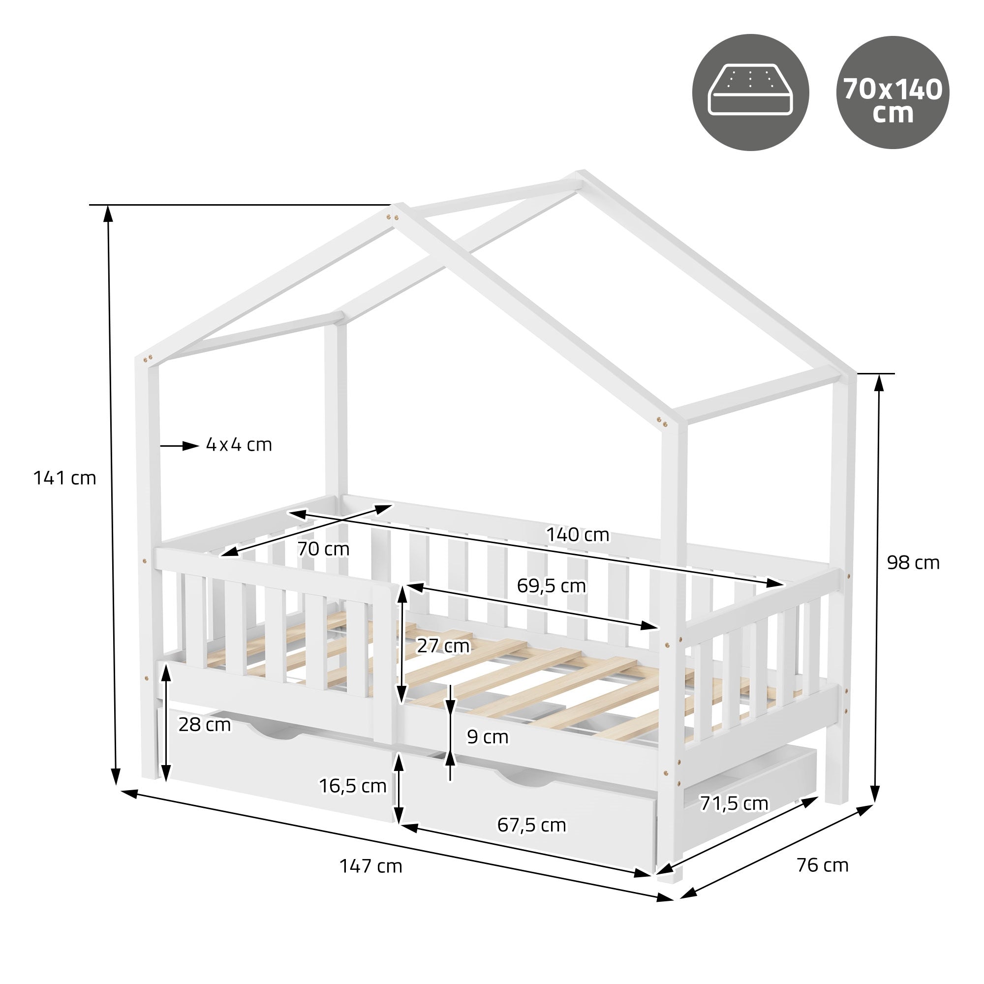 Weißes Kinderbett im Hausdesign mit Maßen und Details.