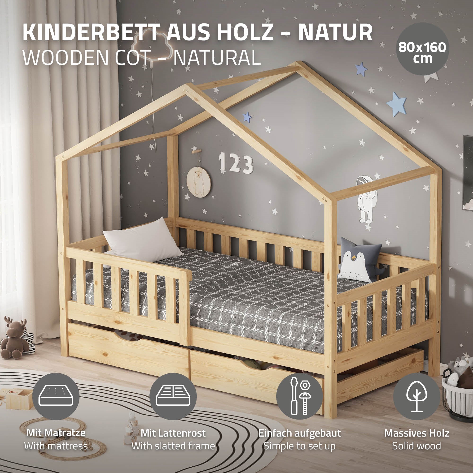 Ein Holz-Kinderbett mit Matratze und Lattengestell.