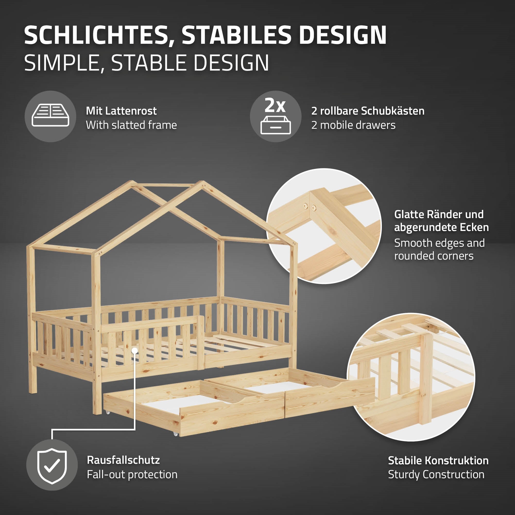 Wooden bed with fall protection and two drawers.