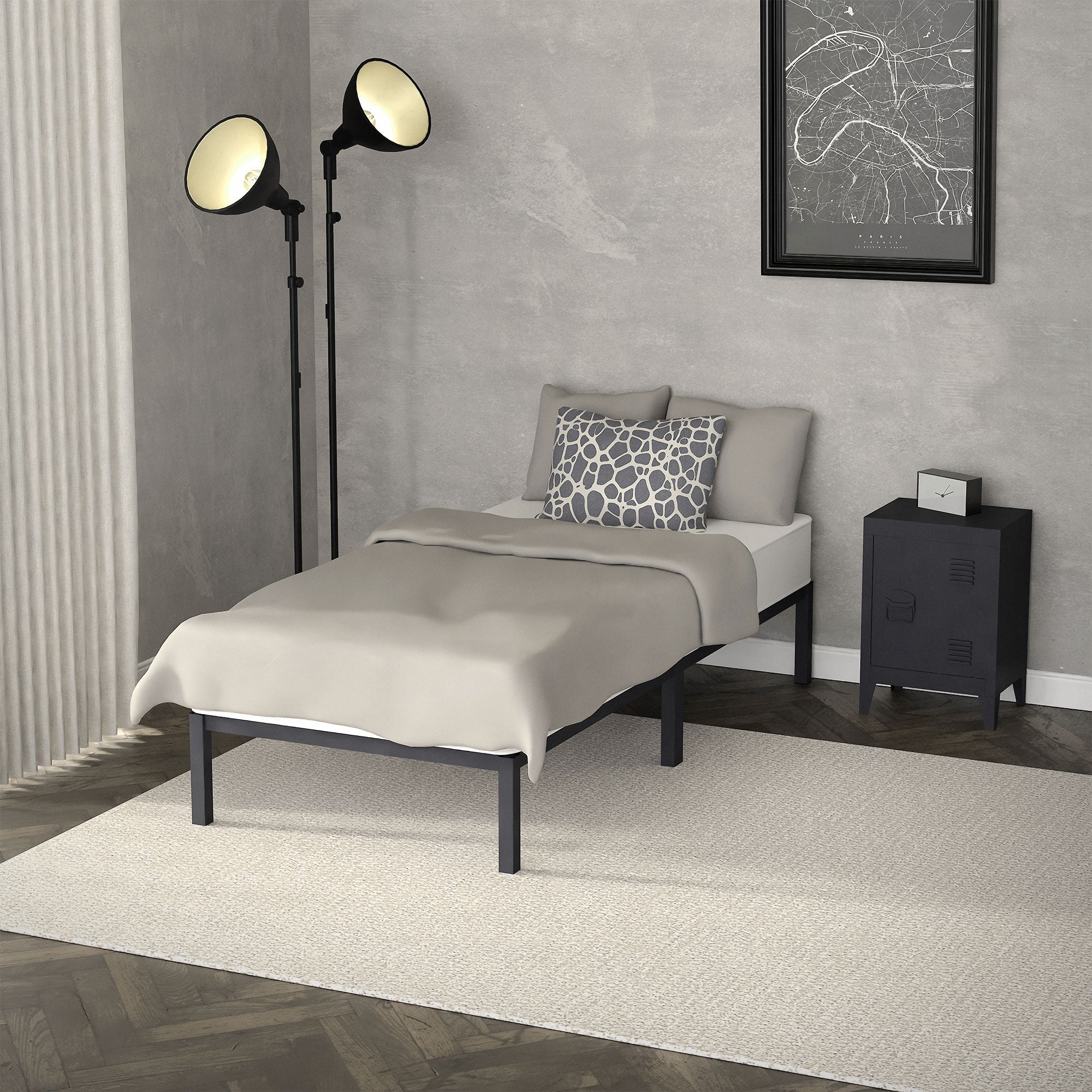 Bedroom with a bed, two floor lamps, and a nightstand.
