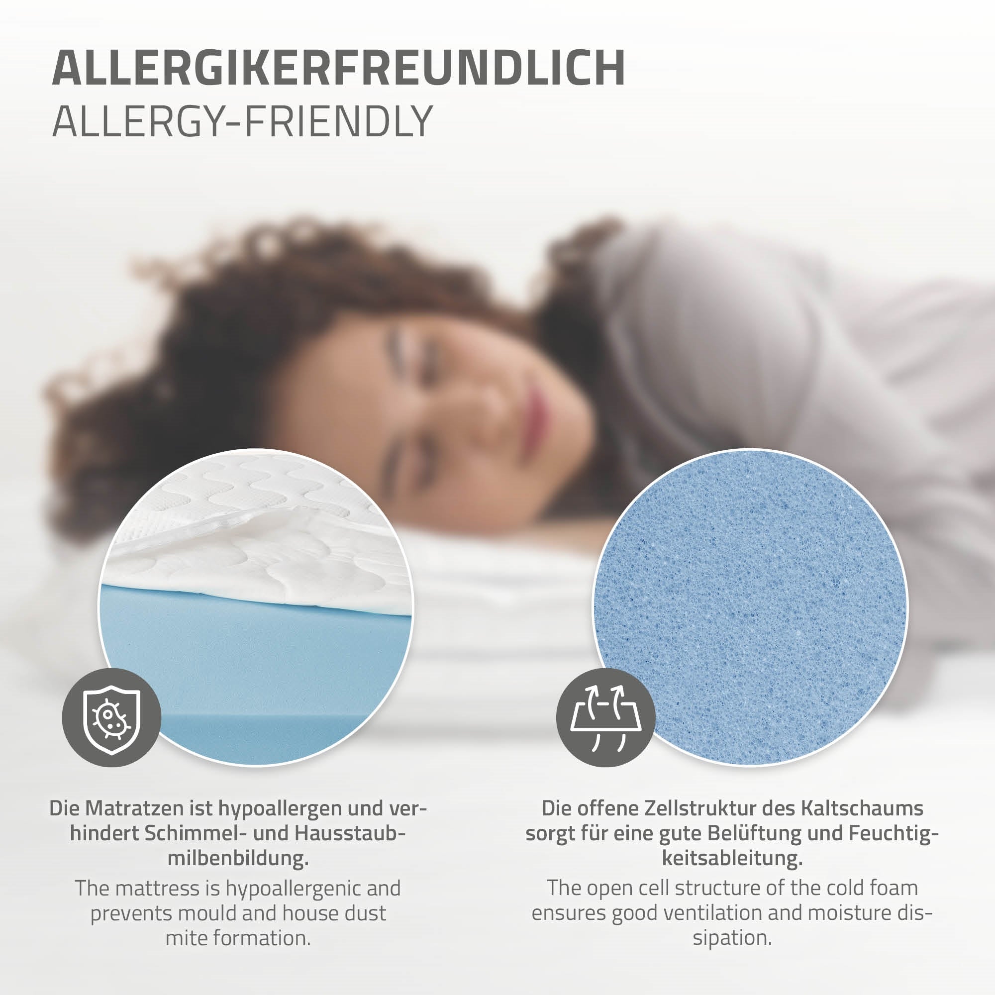 Zwei Bilder: Matratze und Beschreibung der hypoallergenen Eigenschaften.